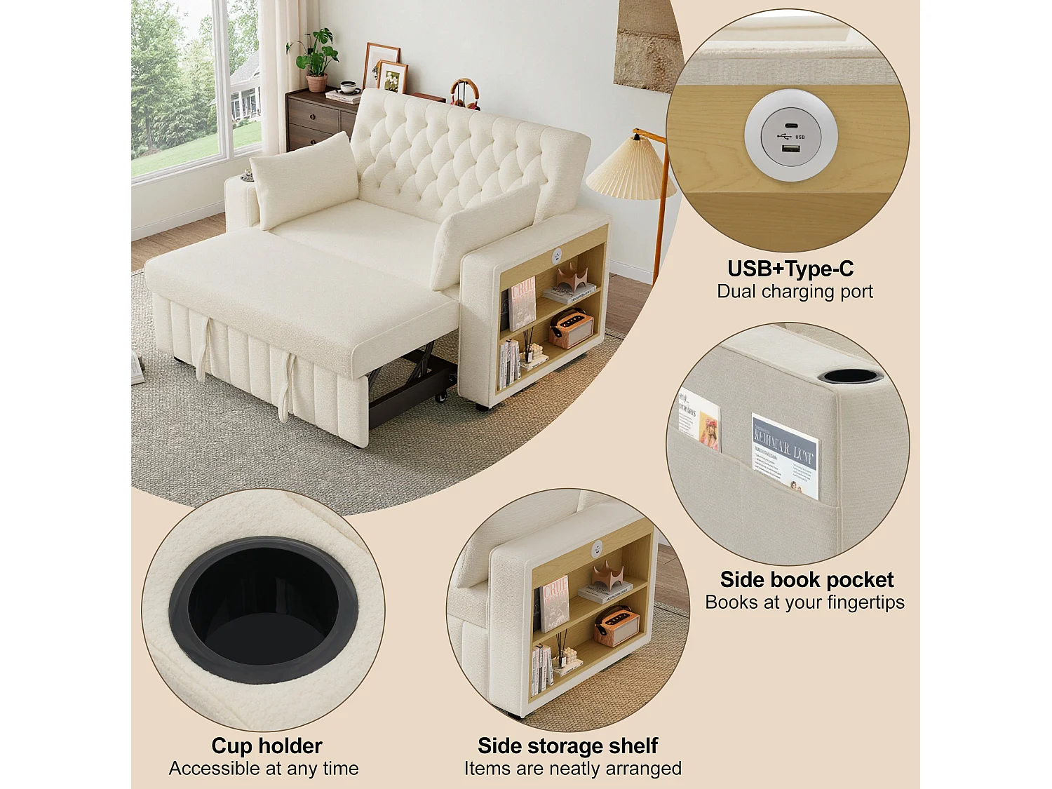 Modern folding sofa for 2 people - with cup holders - with USB charging ports - with cushions - chenille fabric - beige