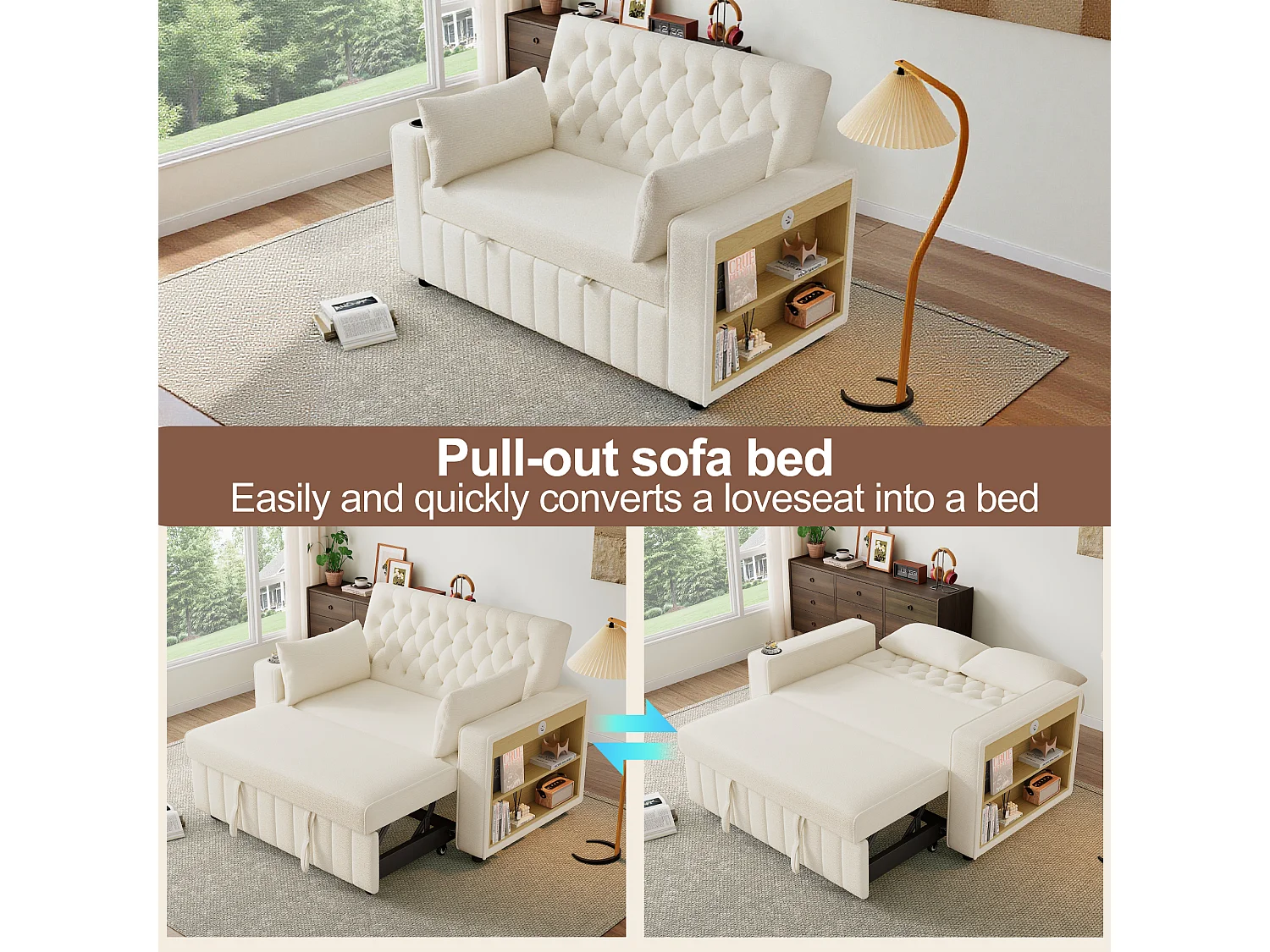 Modern folding sofa for 2 people - with cup holders - with USB charging ports - with cushions - chenille fabric - beige