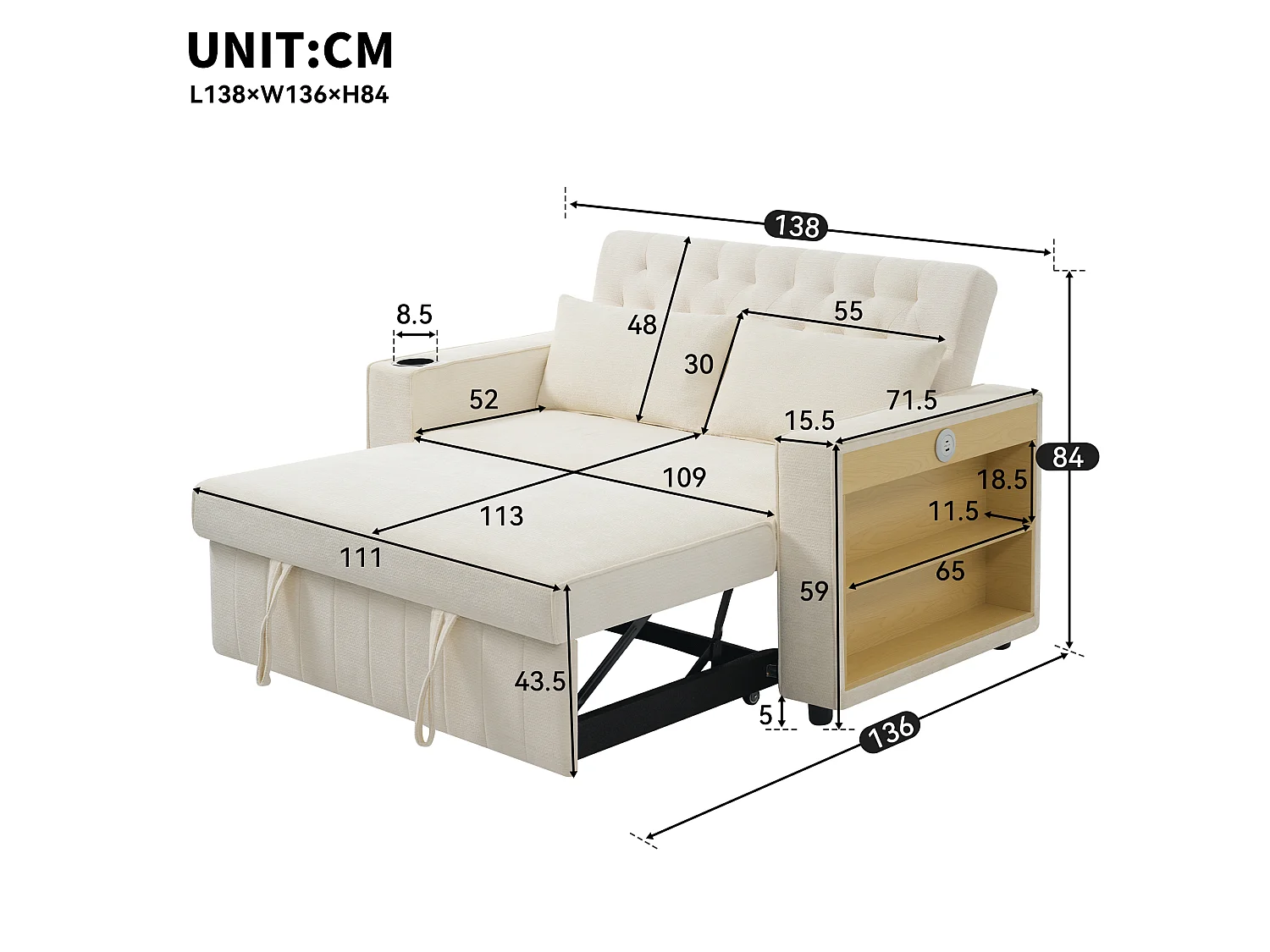 Modern folding sofa for 2 people - with cup holders - with USB charging ports - with cushions - chenille fabric - beige