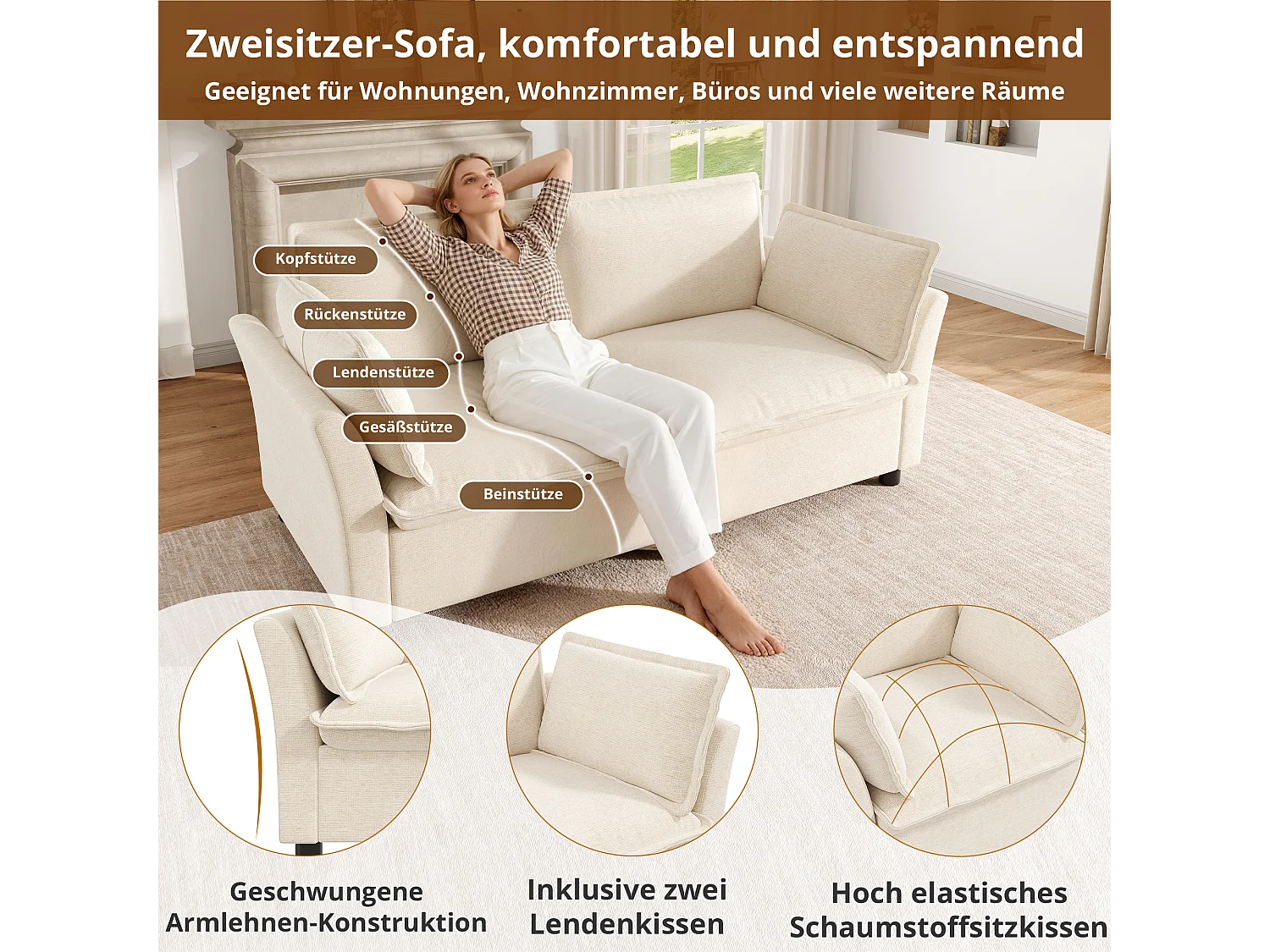 Ensemble canapé modulable 5 places 3+2, canapé 3 places et canapé 2 places, design moderne - Chenille - Beige