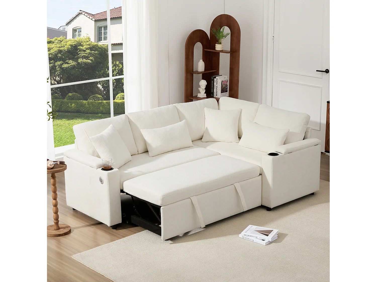 L-shaped retractable corner sofa - with storage space - with cup holder - USB charging port - with cushions - beige