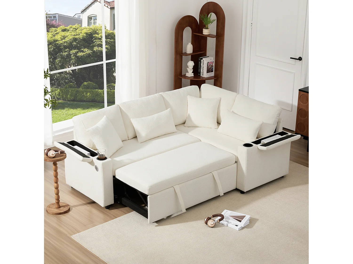 L-shaped retractable corner sofa - with storage space - with cup holder - USB charging port - with cushions - beige