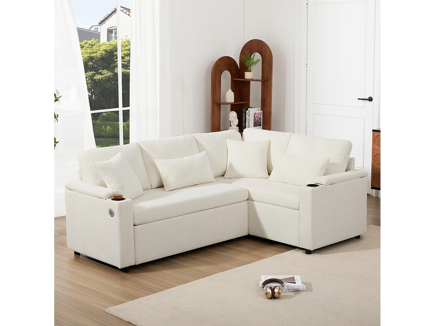 L-shaped retractable corner sofa - with storage space - with cup holder - USB charging port - with cushions - beige