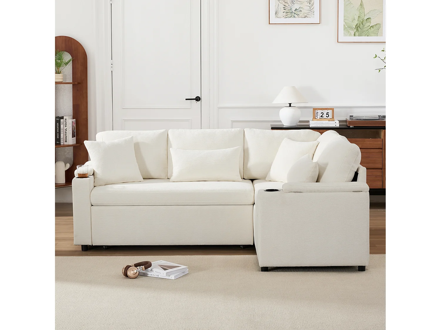 L-shaped retractable corner sofa - with storage space - with cup holder - USB charging port - with cushions - beige