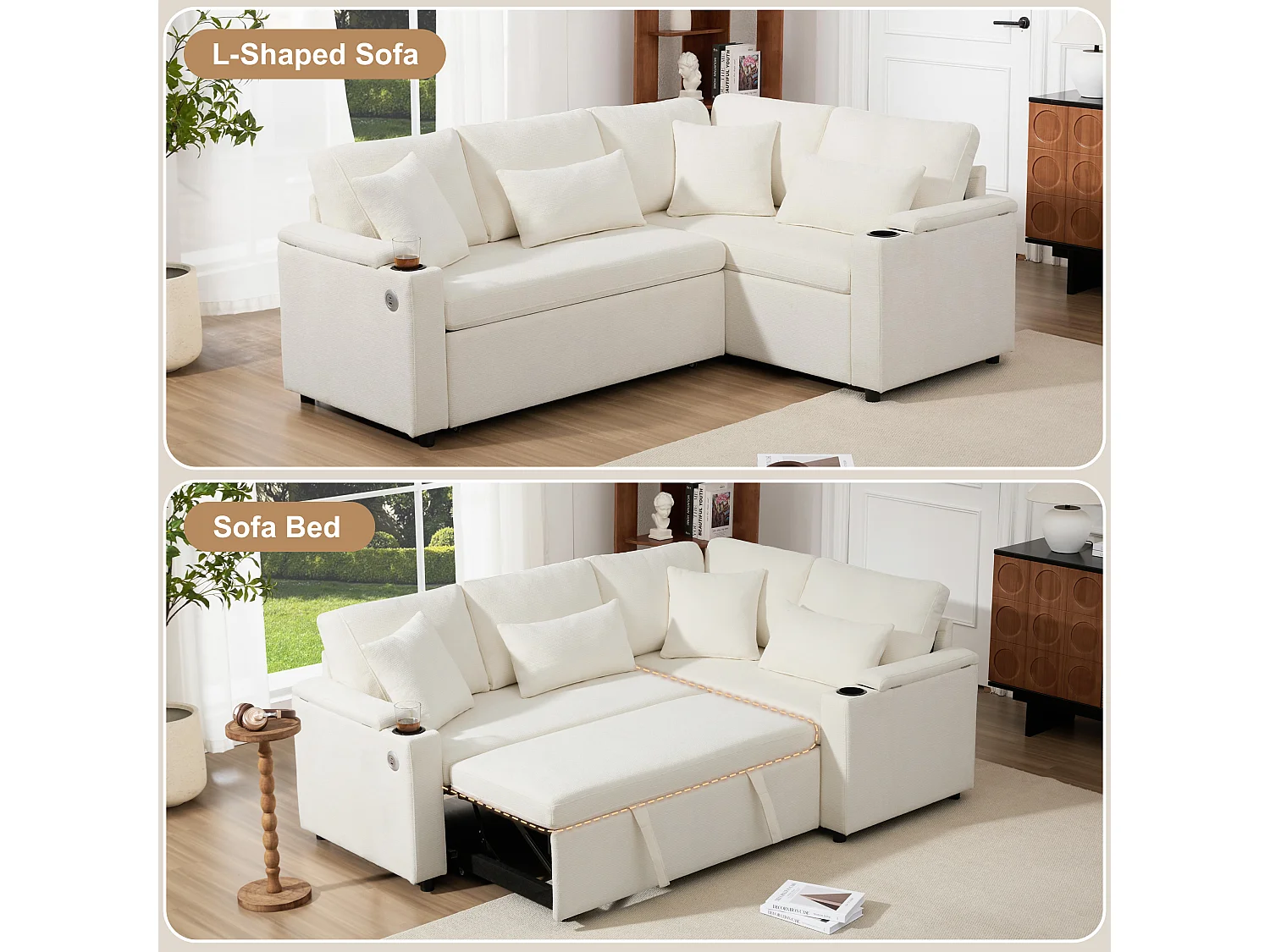 L-shaped retractable corner sofa - with storage space - with cup holder - USB charging port - with cushions - beige