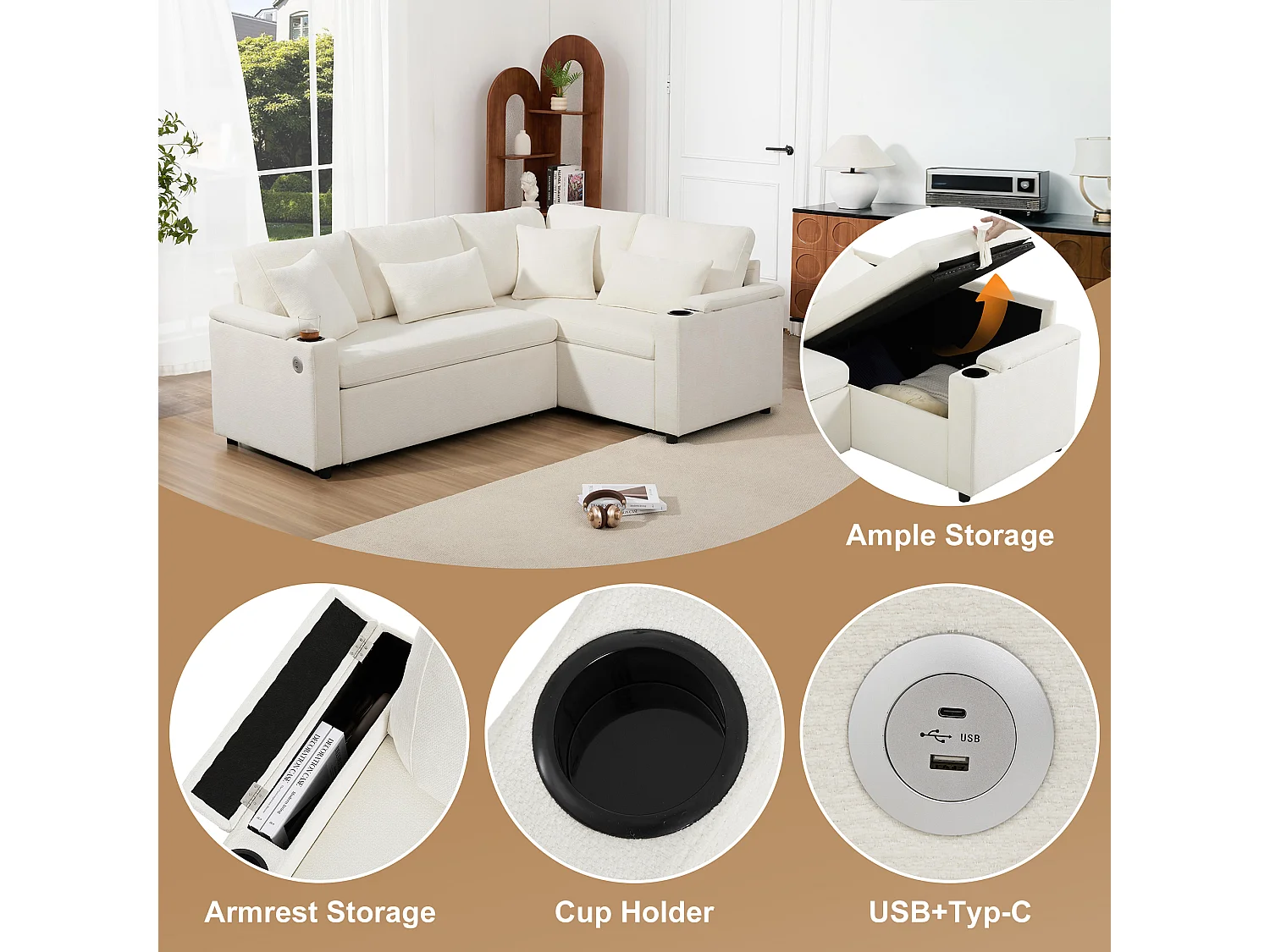 L-shaped retractable corner sofa - with storage space - with cup holder - USB charging port - with cushions - beige