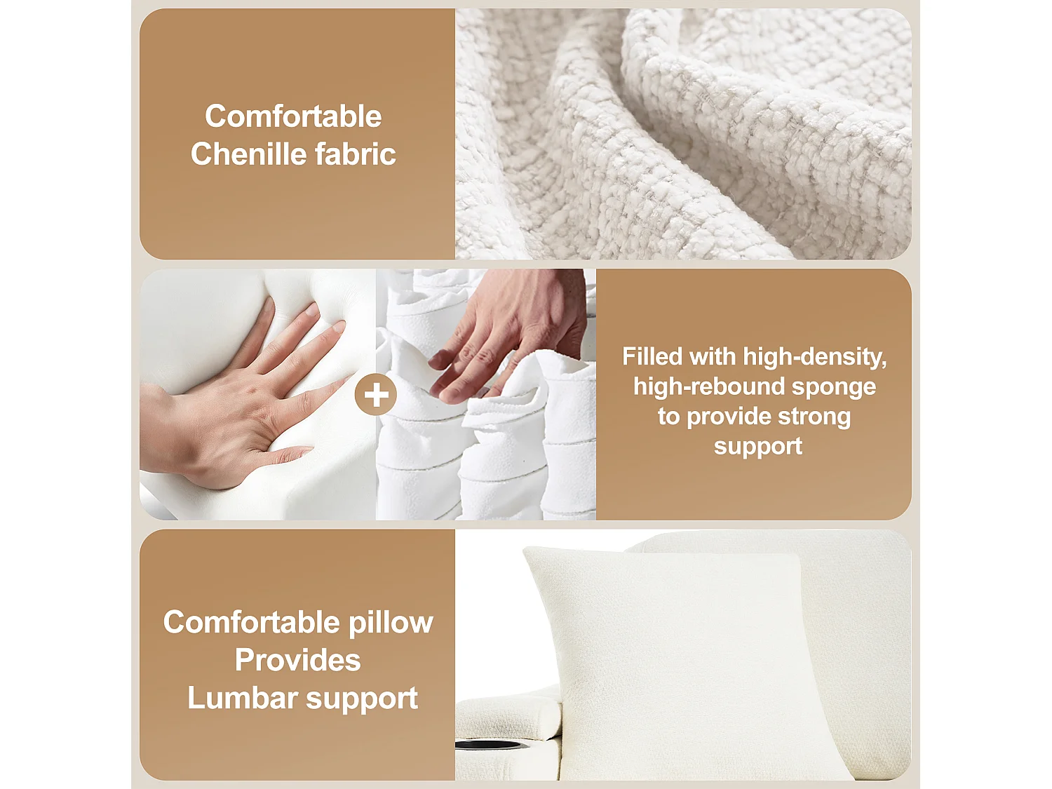 L-shaped retractable corner sofa - with storage space - with cup holder - USB charging port - with cushions - beige