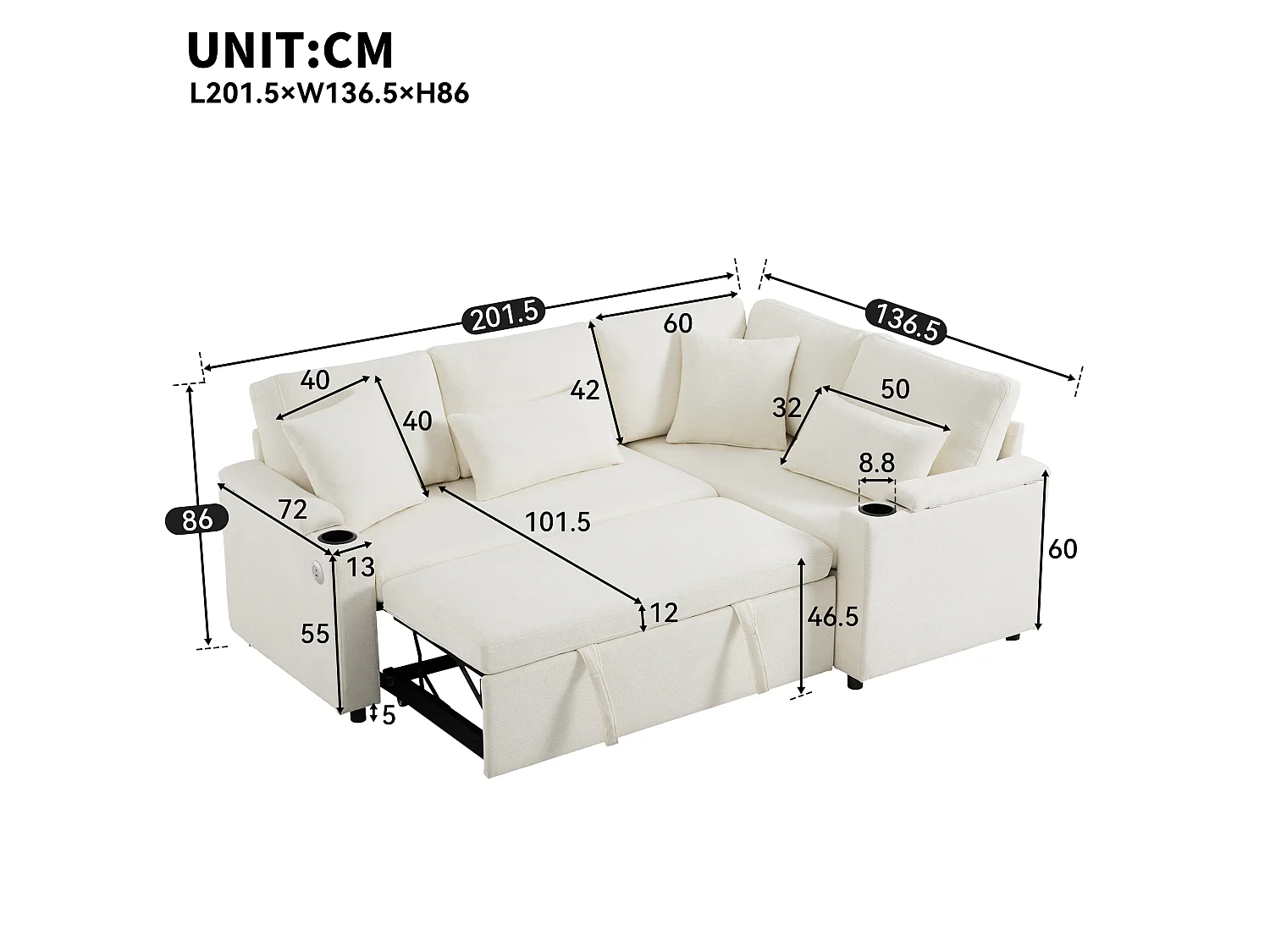 L-shaped retractable corner sofa - with storage space - with cup holder - USB charging port - with cushions - beige