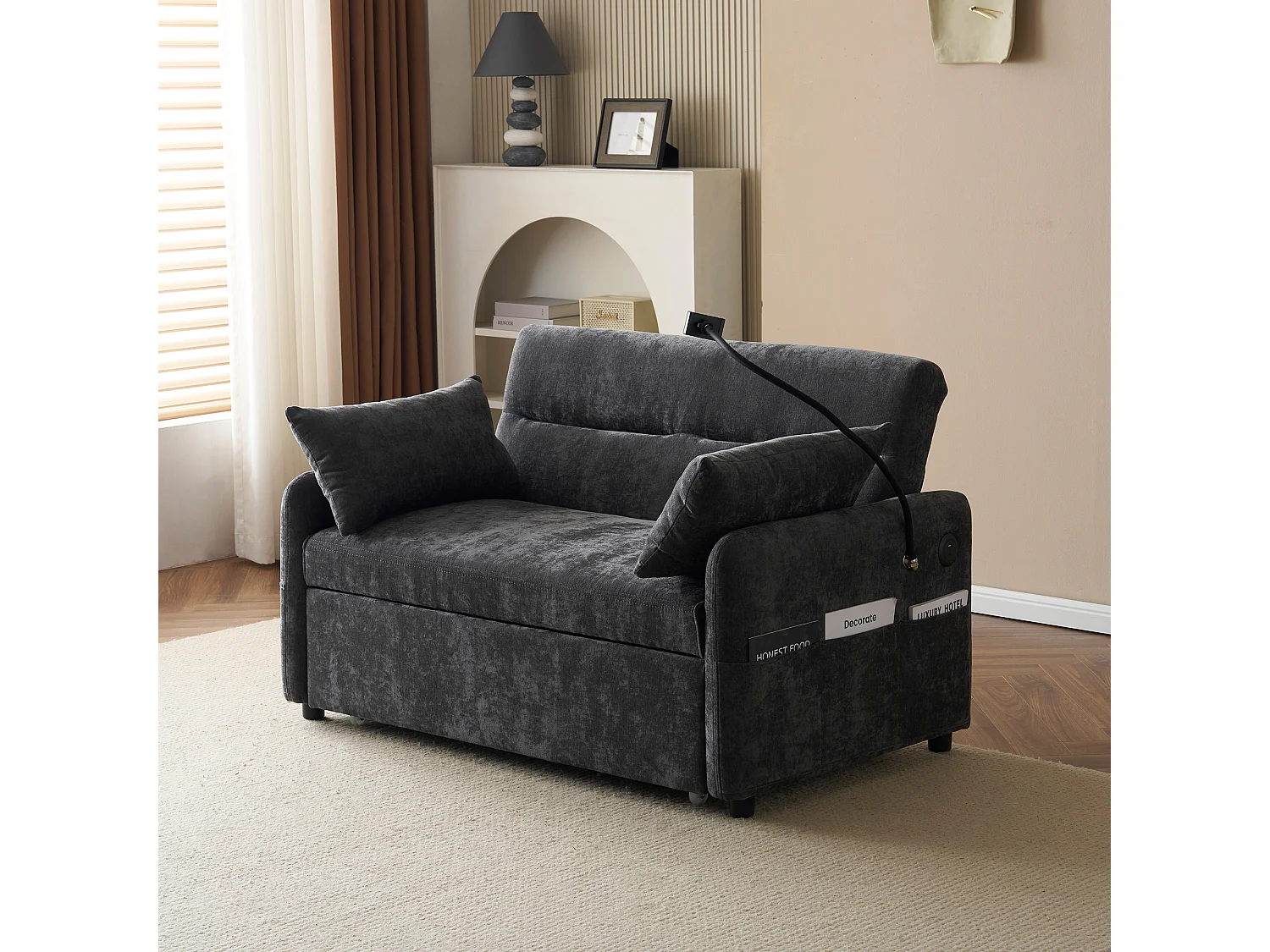 Multi-angle adjustable convertible sofa in chenille fabric - 2-seater - with phone holder and USB ports - Grey
