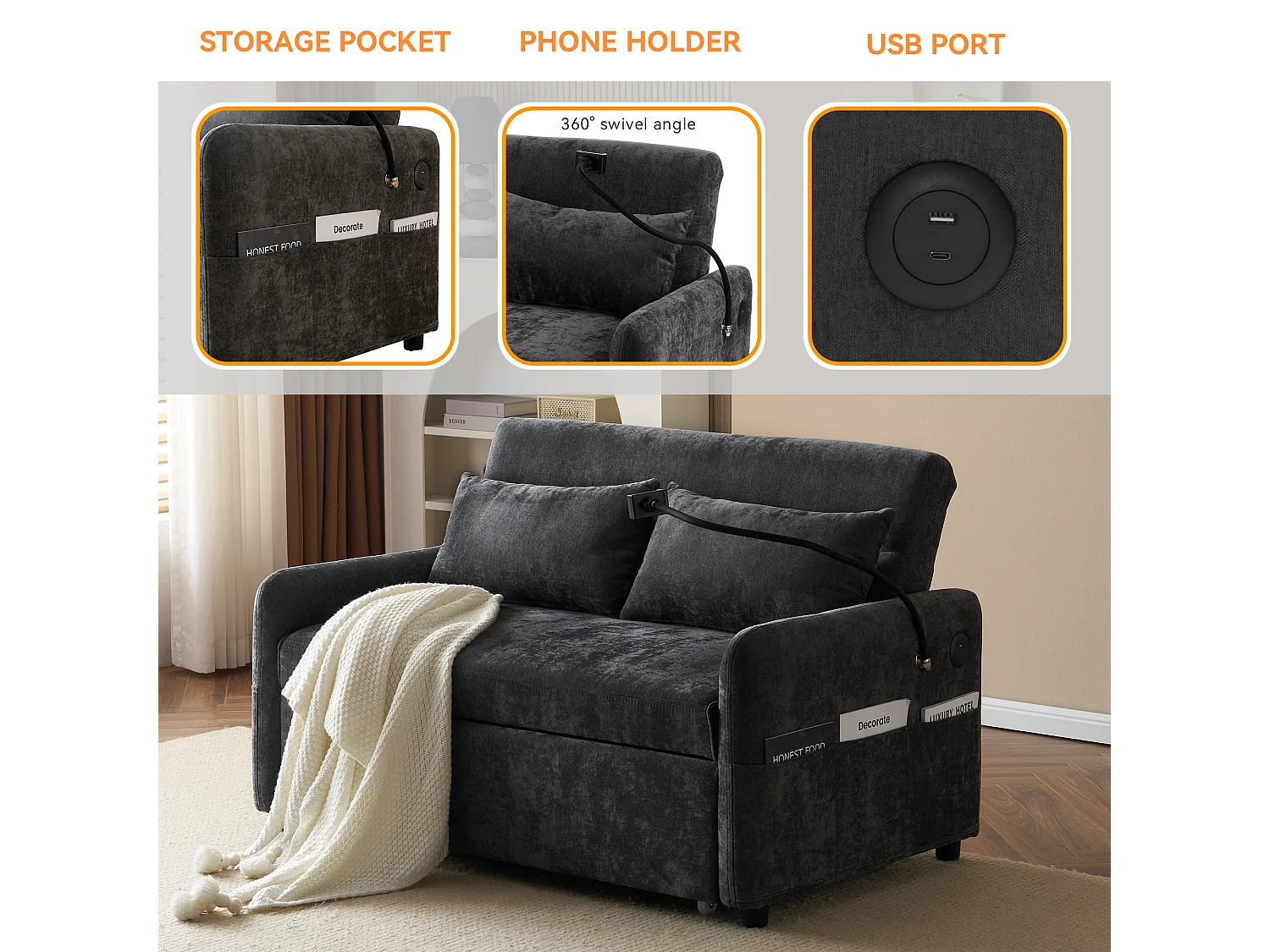 Multi-angle adjustable convertible sofa in chenille fabric - 2-seater - with phone holder and USB ports - Grey