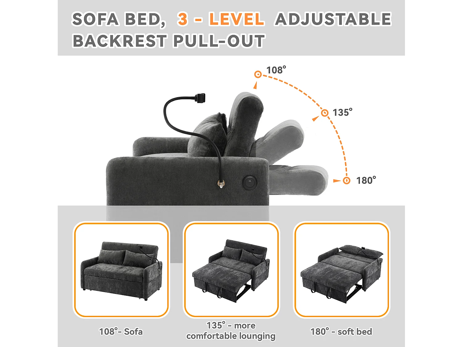 Multi-angle adjustable convertible sofa in chenille fabric - 2-seater - with phone holder and USB ports - Grey
