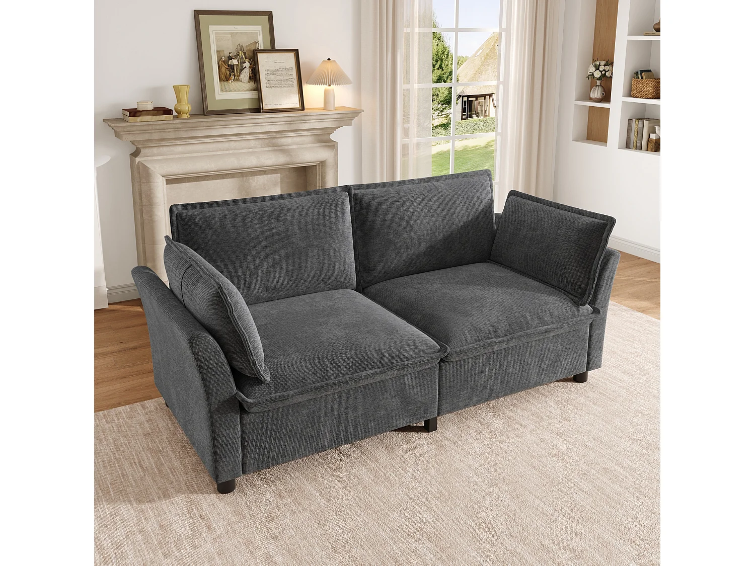 Zweisitzer-Chenille-Sofa mit zwei Kissen – Taschenfederkern und hochelastischer Schaumstoffsitz – 155 x 81 x 87 cm – Grau