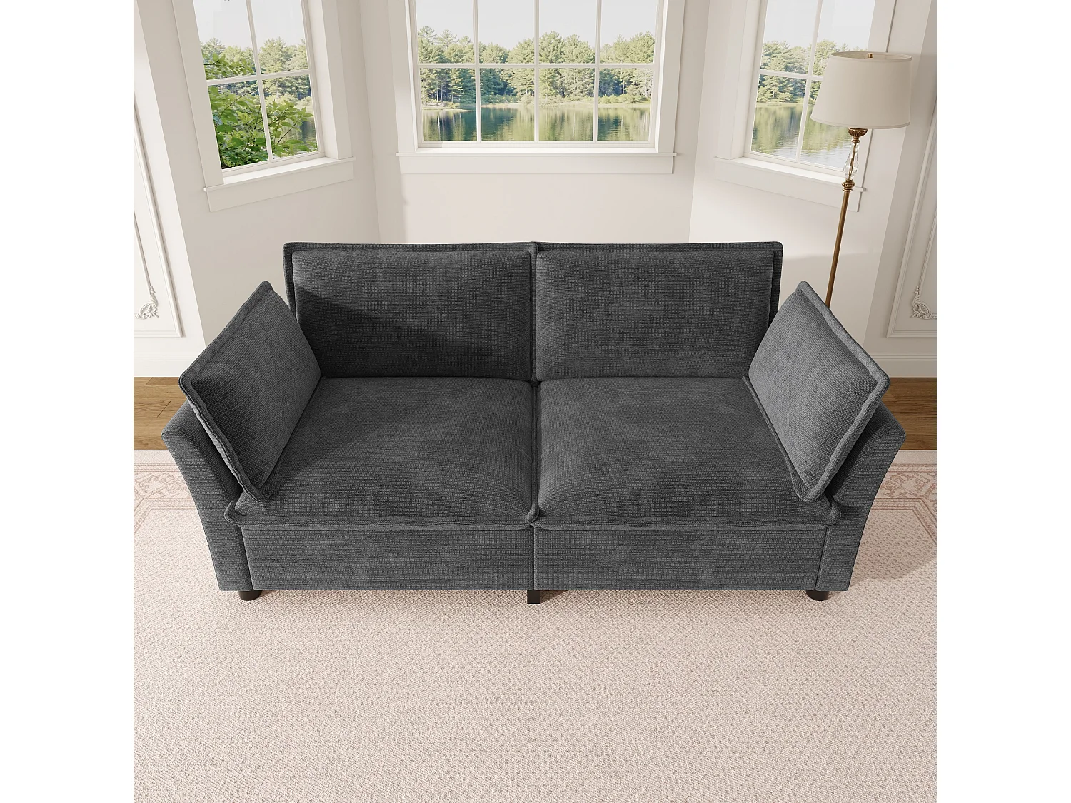 Zweisitzer-Chenille-Sofa mit zwei Kissen – Taschenfederkern und hochelastischer Schaumstoffsitz – 155 x 81 x 87 cm – Grau