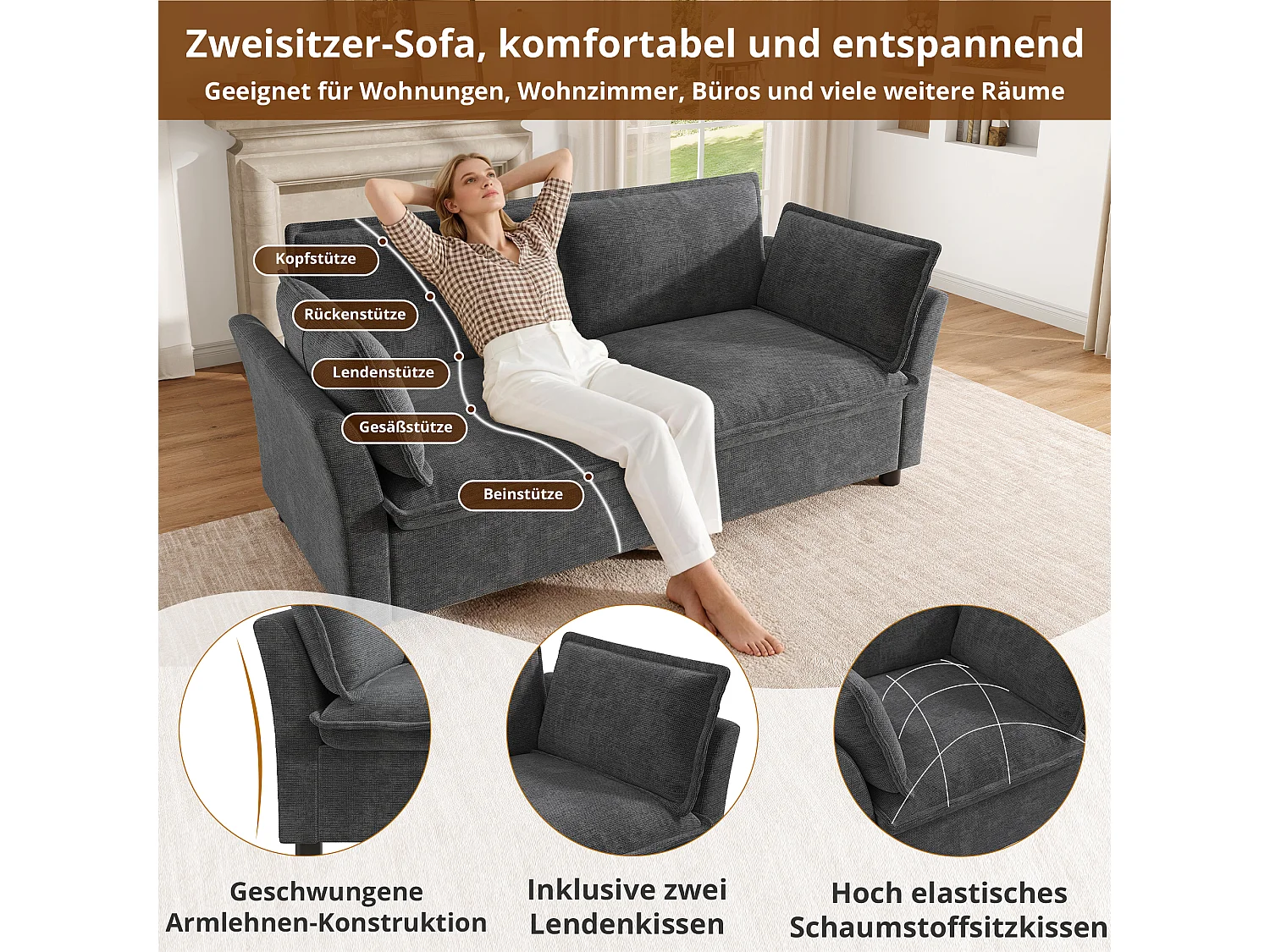 Zweisitzer-Chenille-Sofa mit zwei Kissen – Taschenfederkern und hochelastischer Schaumstoffsitz – 155 x 81 x 87 cm – Grau