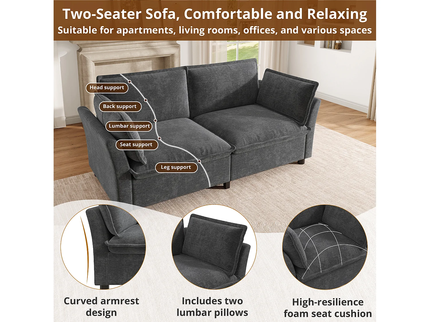 Zweisitzer-Chenille-Sofa mit zwei Kissen – Taschenfederkern und hochelastischer Schaumstoffsitz – 155 x 81 x 87 cm – Grau