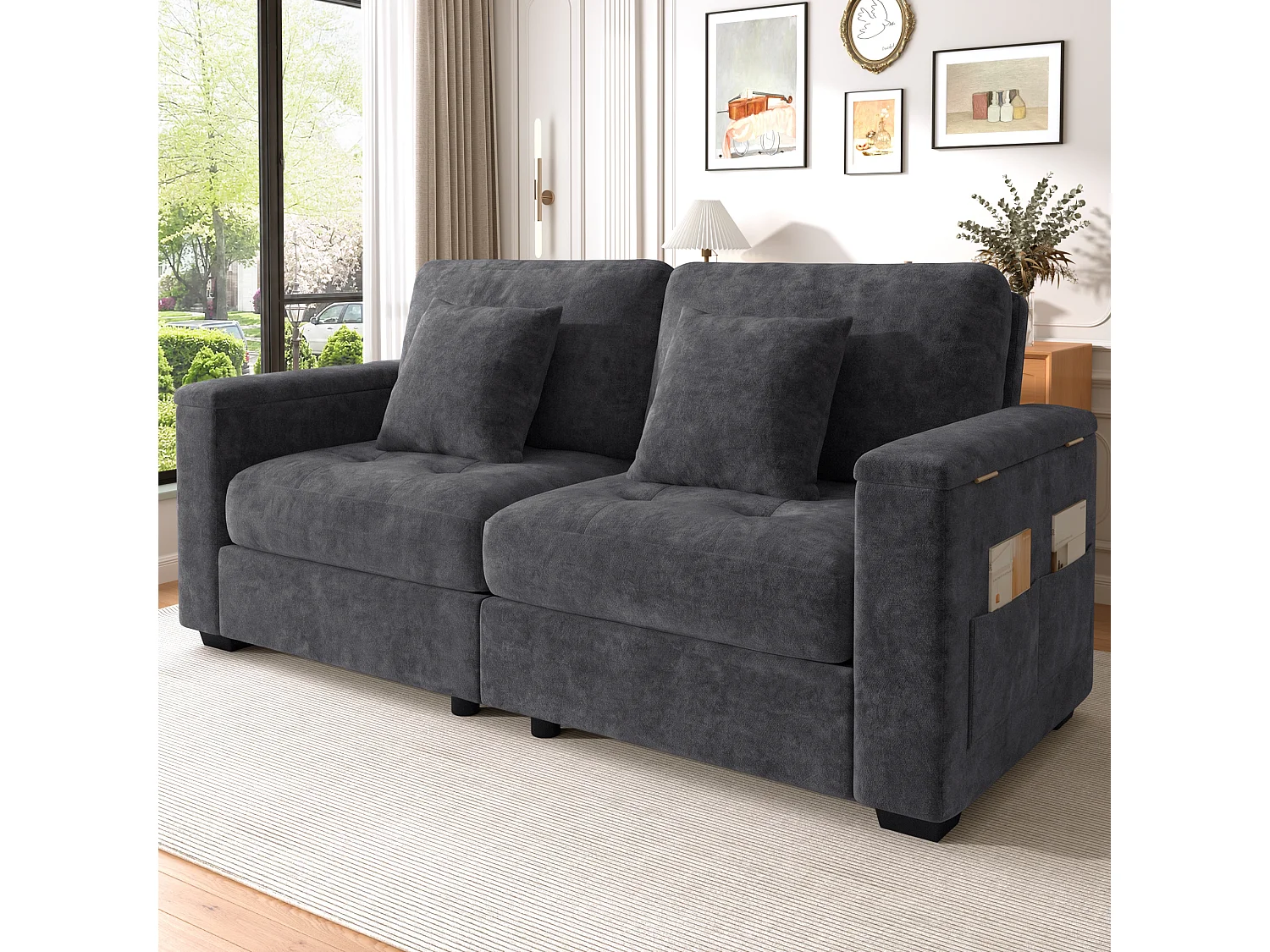 Canapé 2 places avec rangement intégré dans les accoudoirs et poches latérales, 2 coussins - Tissu chenille - 180 x 81,5 x 84 cm - Gris foncé