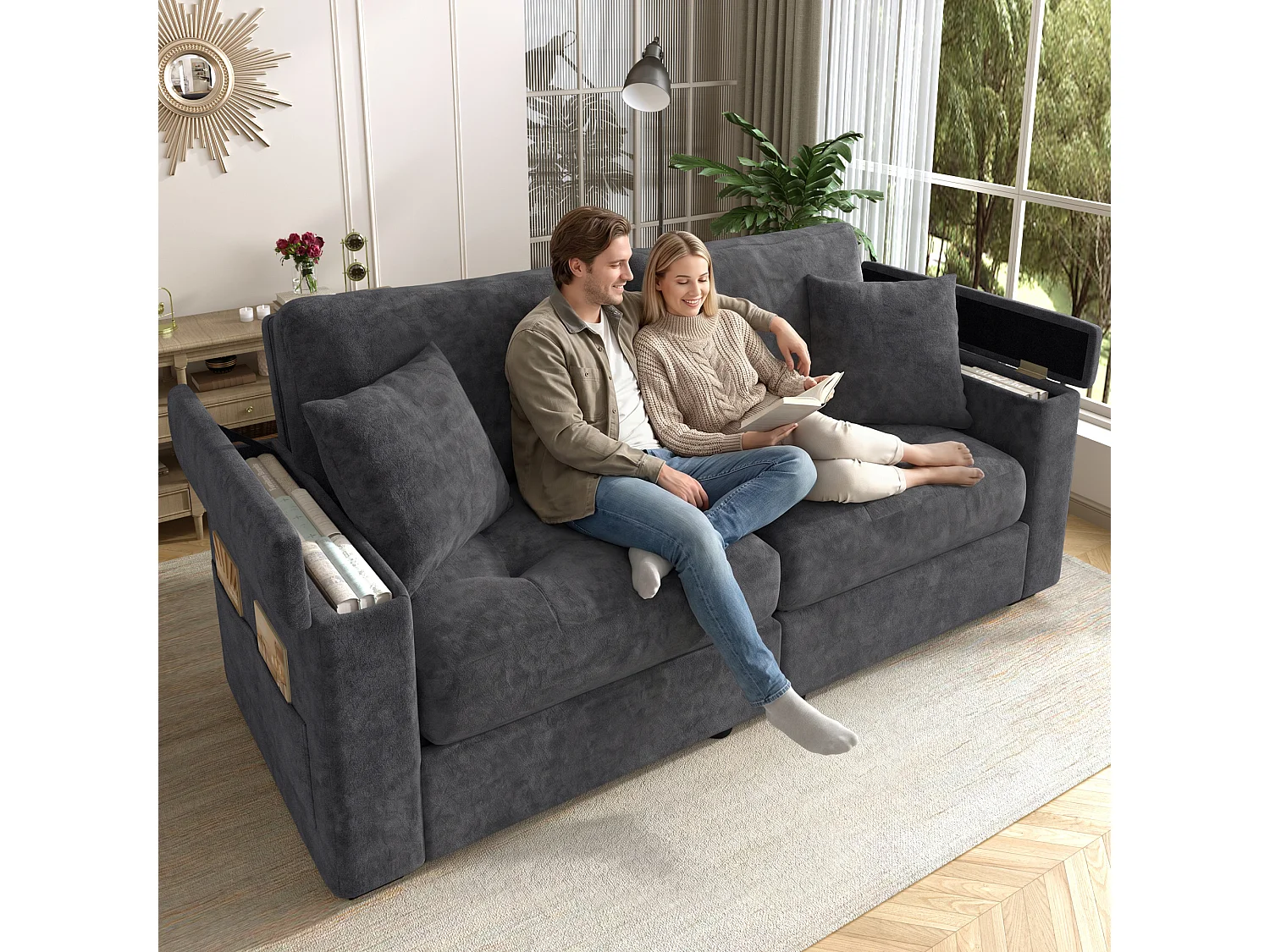 Canapé 2 places avec rangement intégré dans les accoudoirs et poches latérales, 2 coussins - Tissu chenille - 180 x 81,5 x 84 cm - Gris foncé