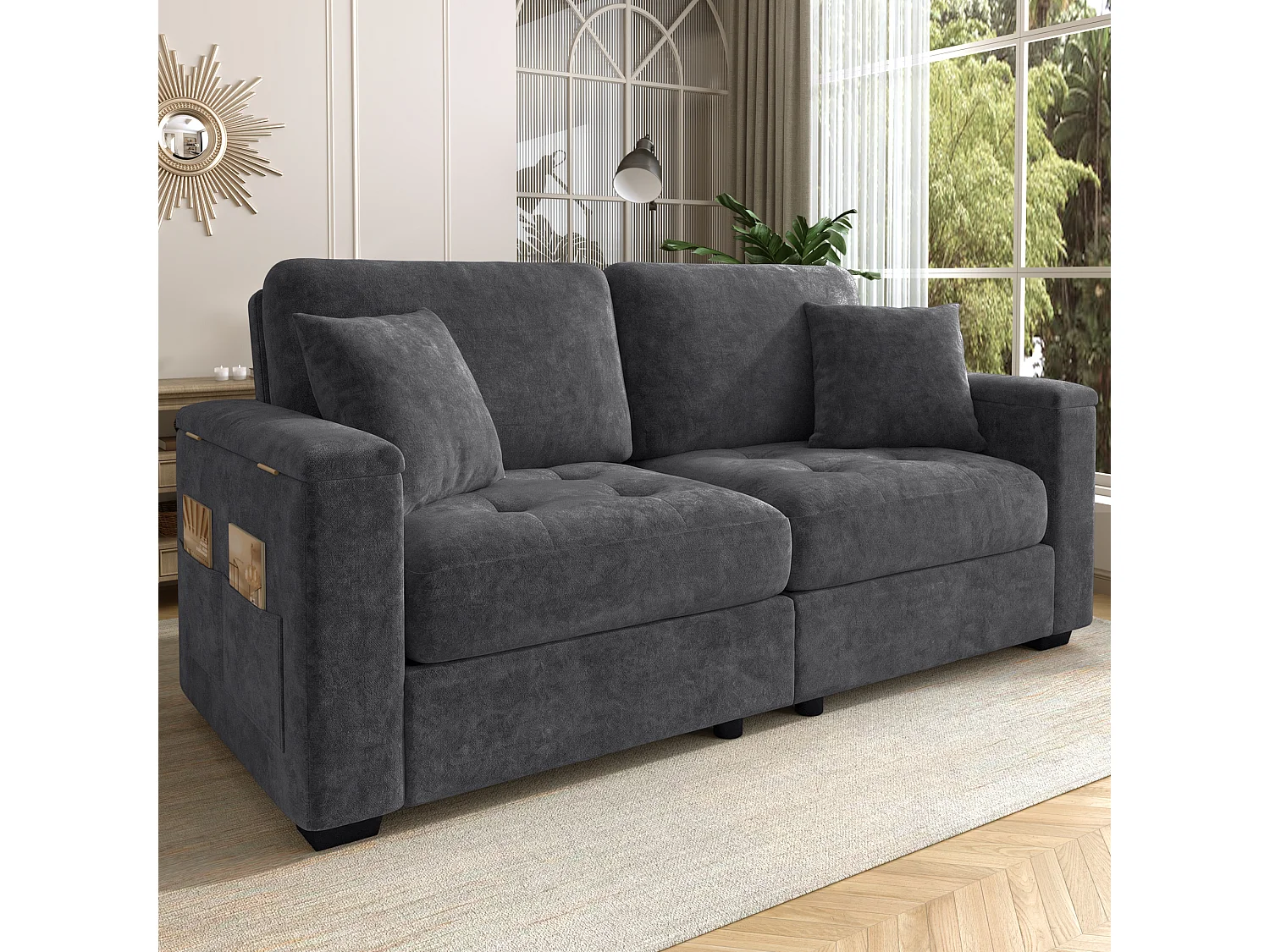 Canapé 2 places avec rangement intégré dans les accoudoirs et poches latérales, 2 coussins - Tissu chenille - 180 x 81,5 x 84 cm - Gris foncé