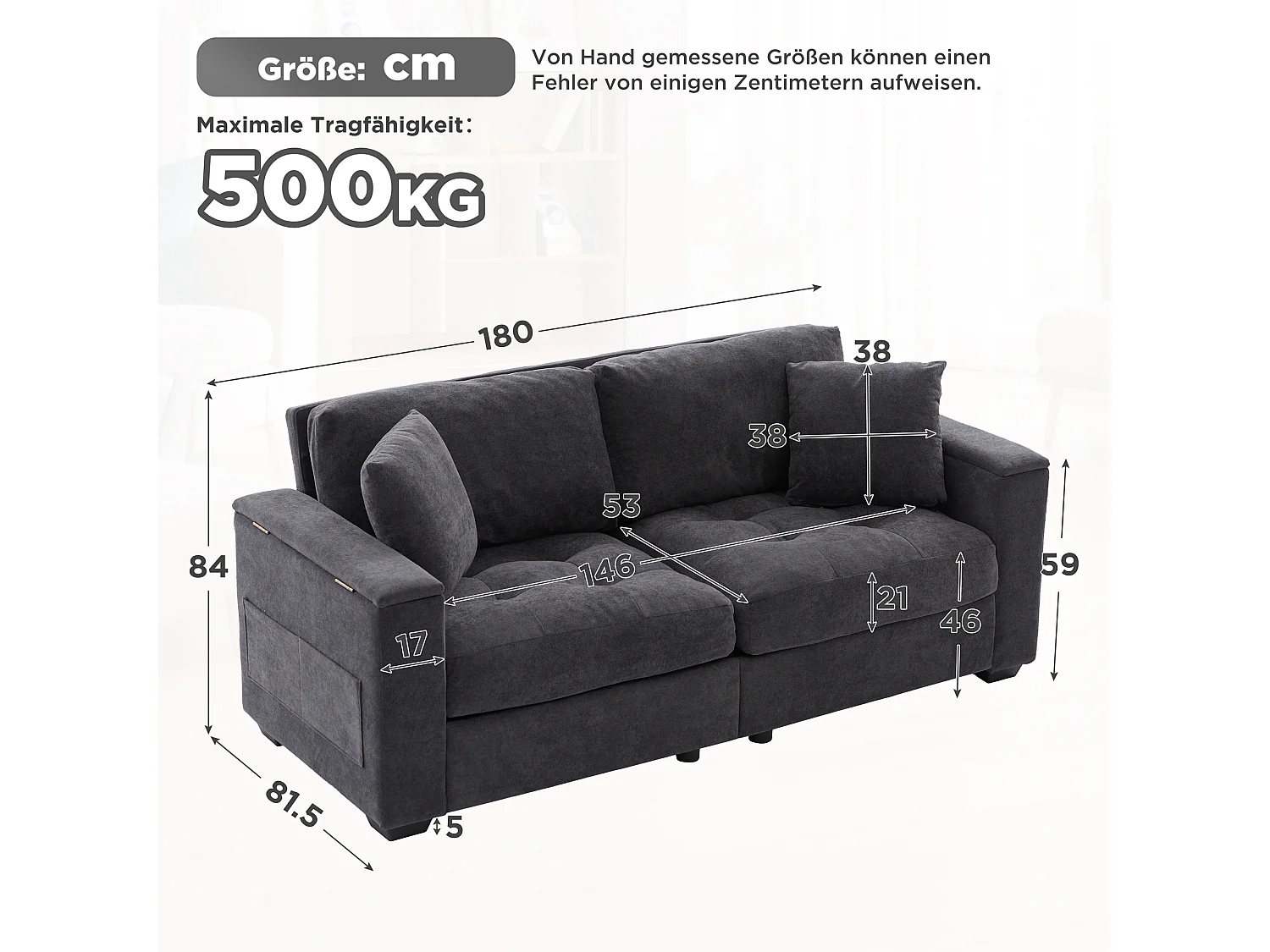 Canapé 2 places avec rangement intégré dans les accoudoirs et poches latérales, 2 coussins - Tissu chenille - 180 x 81,5 x 84 cm - Gris foncé