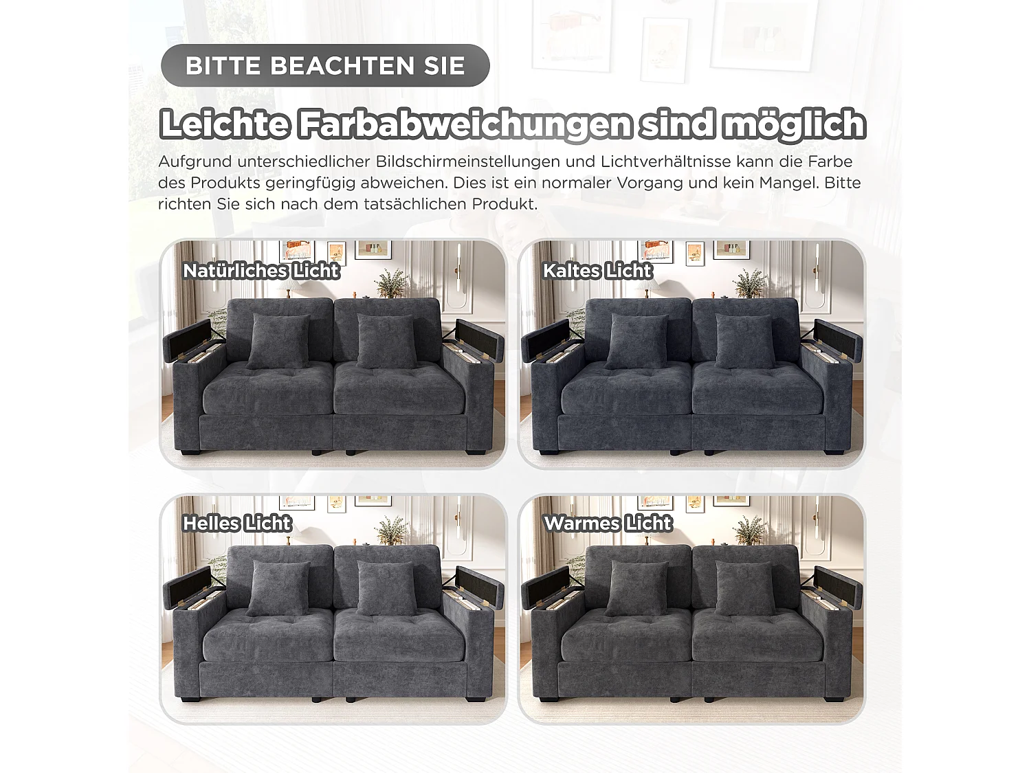 Canapé 2 places avec rangement intégré dans les accoudoirs et poches latérales, 2 coussins - Tissu chenille - 180 x 81,5 x 84 cm - Gris foncé