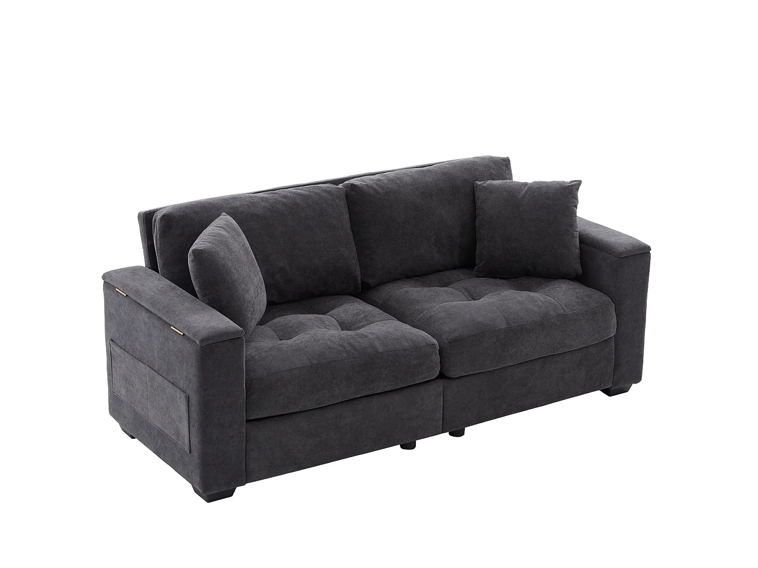 Canapé 2 places avec rangement intégré dans les accoudoirs et poches latérales, 2 coussins - Tissu chenille - 180 x 81,5 x 84 cm - Gris foncé