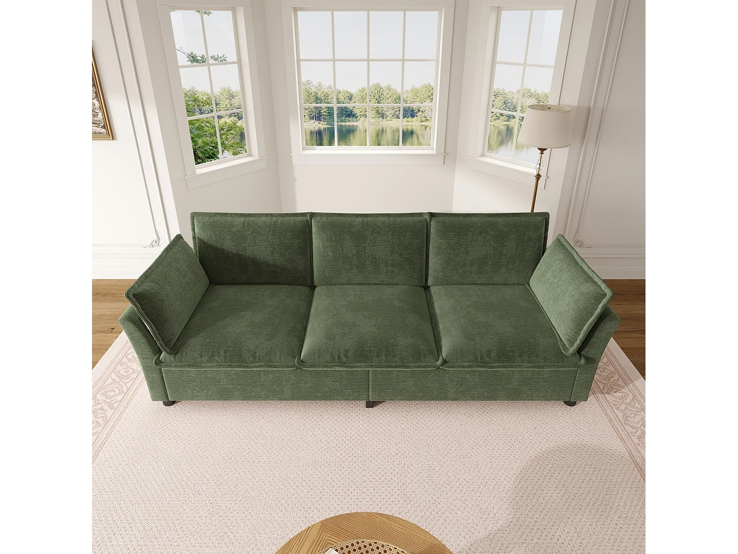 3-Sitzer-Chenille-Sofa mit 2 Kissen – Taschenfederkern und hochelastischer Schaumstoffsitz – 220 x 81 x 87 cm – Grün