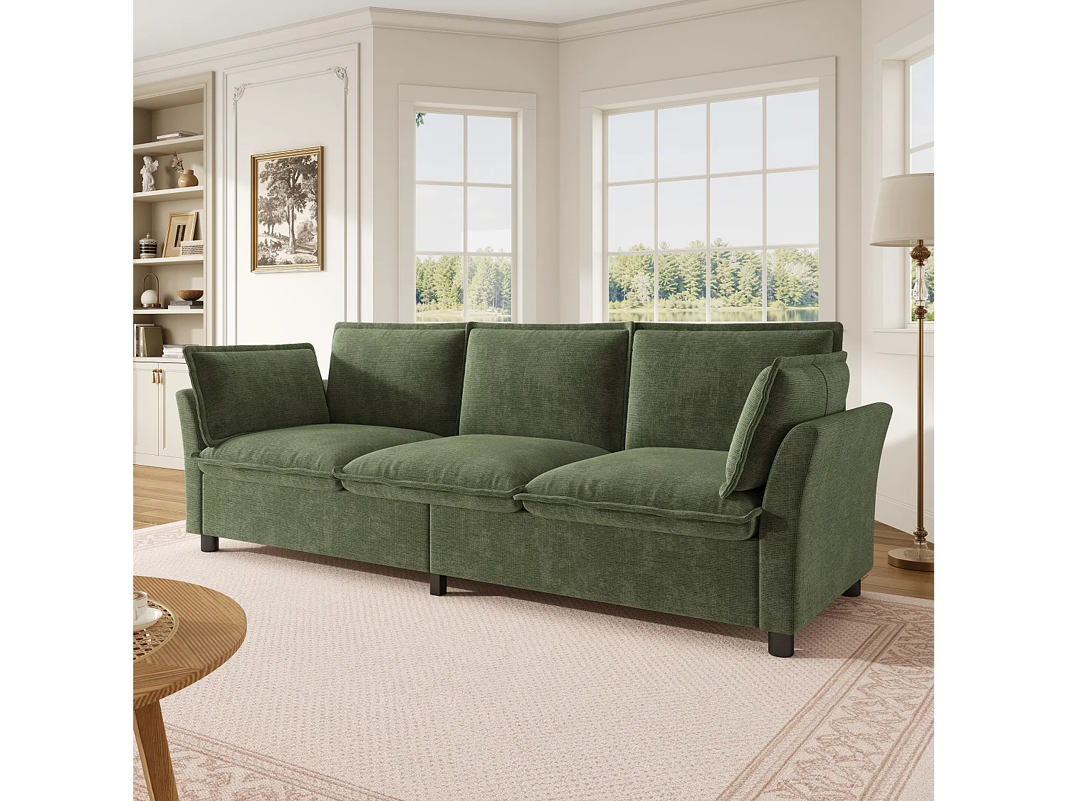 3-Sitzer-Chenille-Sofa mit 2 Kissen – Taschenfederkern und hochelastischer Schaumstoffsitz – 220 x 81 x 87 cm – Grün