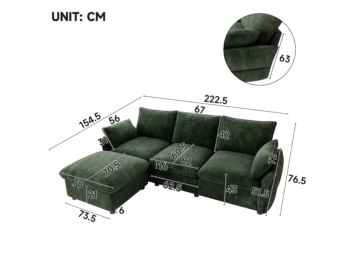 Canapé d'angle 3 places en L avec pouf modulable, canapé 3 places - Chenille - 222,5 x 154,5 x 76,5 cm - Vert foncé
