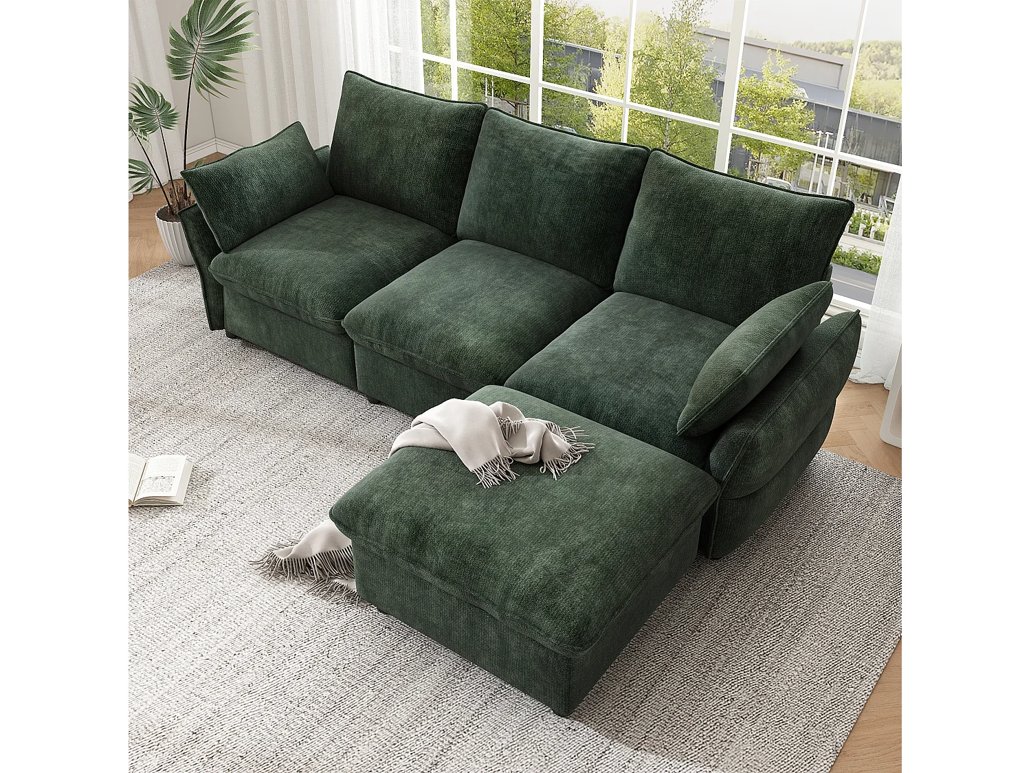 Canapé d'angle 3 places en L avec pouf modulable, canapé 3 places - Chenille - 222,5 x 154,5 x 76,5 cm - Vert foncé