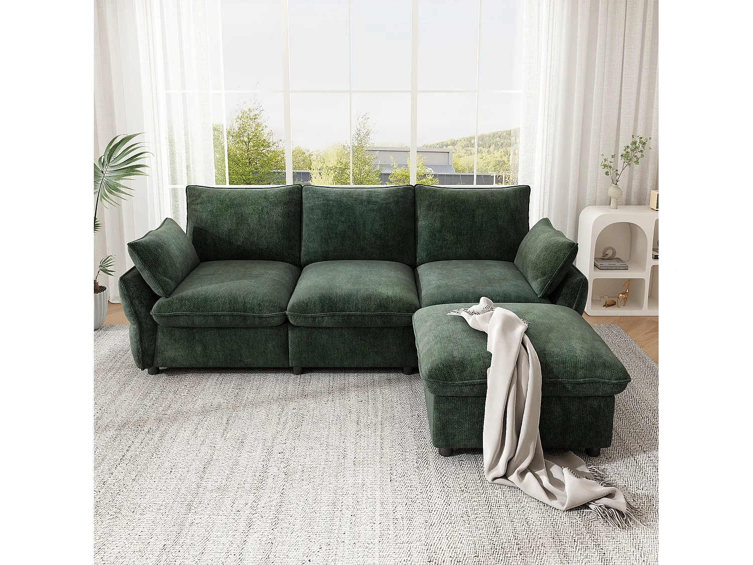 Canapé d'angle 3 places en L avec pouf modulable, canapé 3 places - Chenille - 222,5 x 154,5 x 76,5 cm - Vert foncé