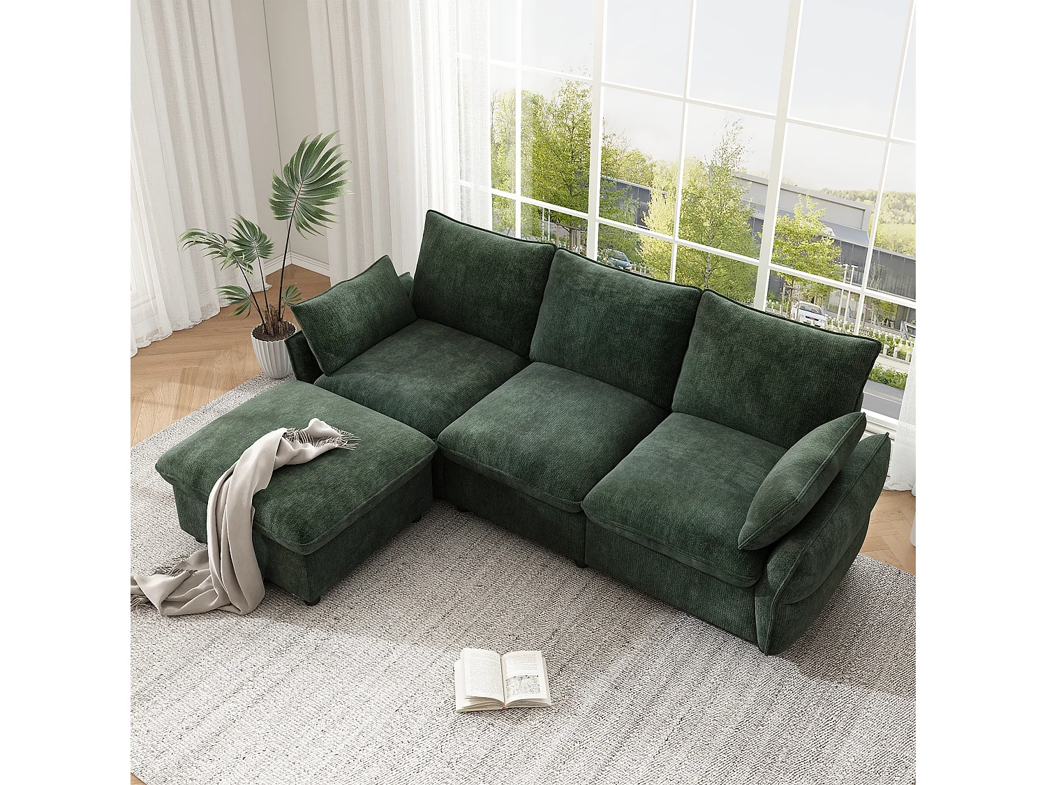 Canapé d'angle 3 places en L avec pouf modulable, canapé 3 places - Chenille - 222,5 x 154,5 x 76,5 cm - Vert foncé