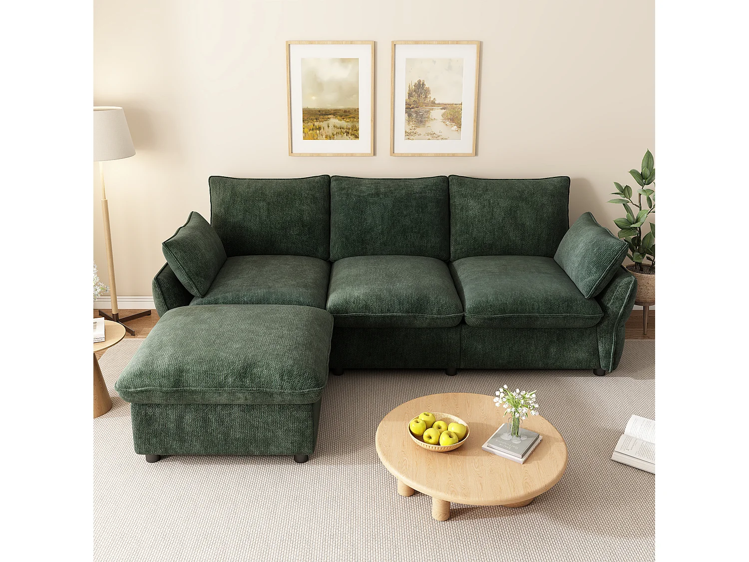 Canapé d'angle 3 places en L avec pouf modulable, canapé 3 places - Chenille - 222,5 x 154,5 x 76,5 cm - Vert foncé