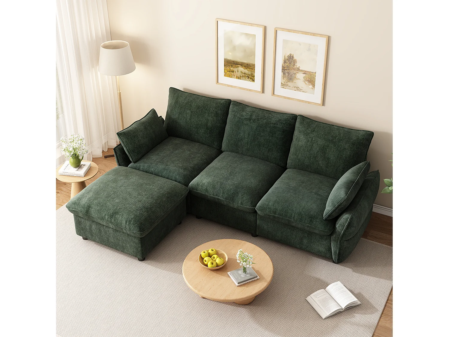 Canapé d'angle 3 places en L avec pouf modulable, canapé 3 places - Chenille - 222,5 x 154,5 x 76,5 cm - Vert foncé
