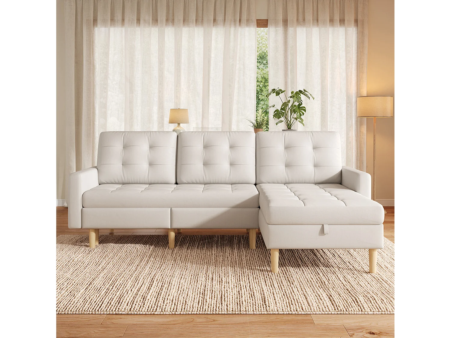 Divano angolare con chaise longue reversibile e vano contenitore sotto la seduta - Tessuto non tessuto/PVC/schiuma - 212 x 130 x 86 cm - Beige