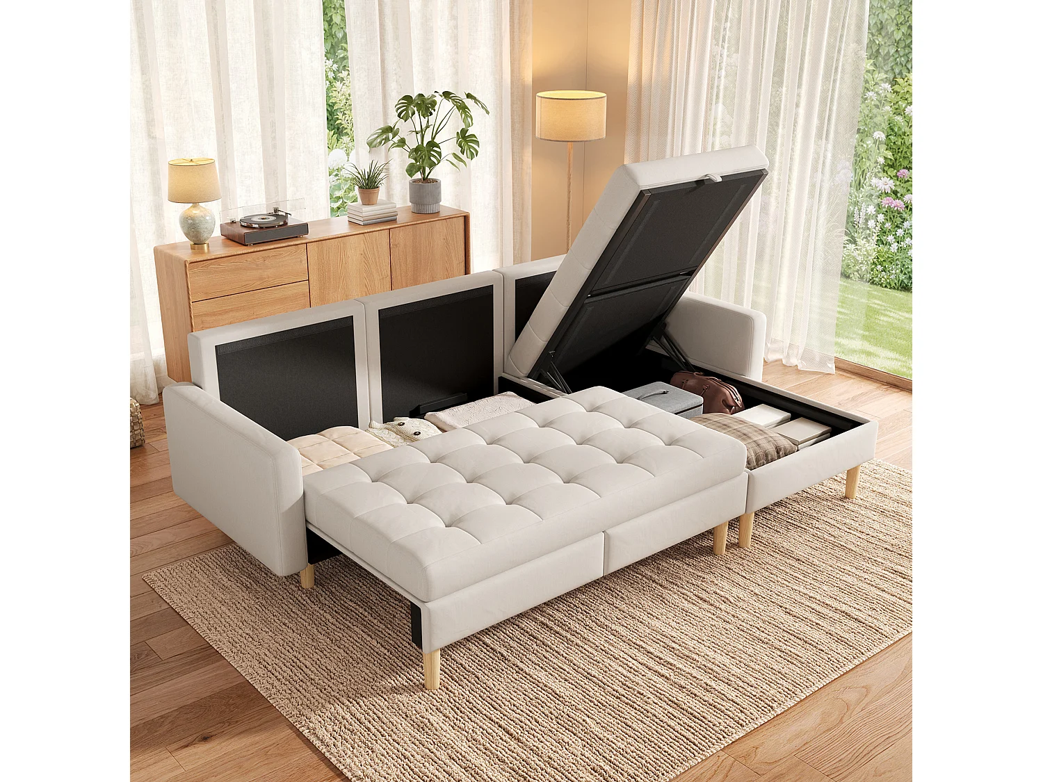 Divano angolare con chaise longue reversibile e vano contenitore sotto la seduta - Tessuto non tessuto/PVC/schiuma - 212 x 130 x 86 cm - Beige