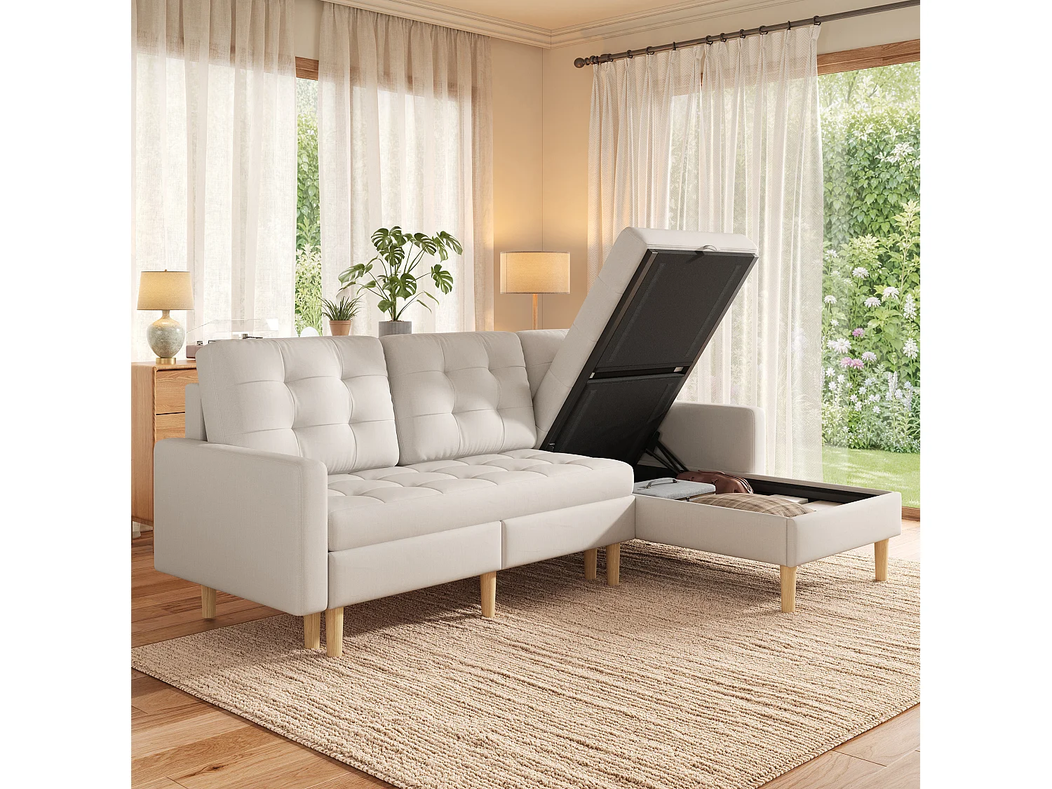 Divano angolare con chaise longue reversibile e vano contenitore sotto la seduta - Tessuto non tessuto/PVC/schiuma - 212 x 130 x 86 cm - Beige