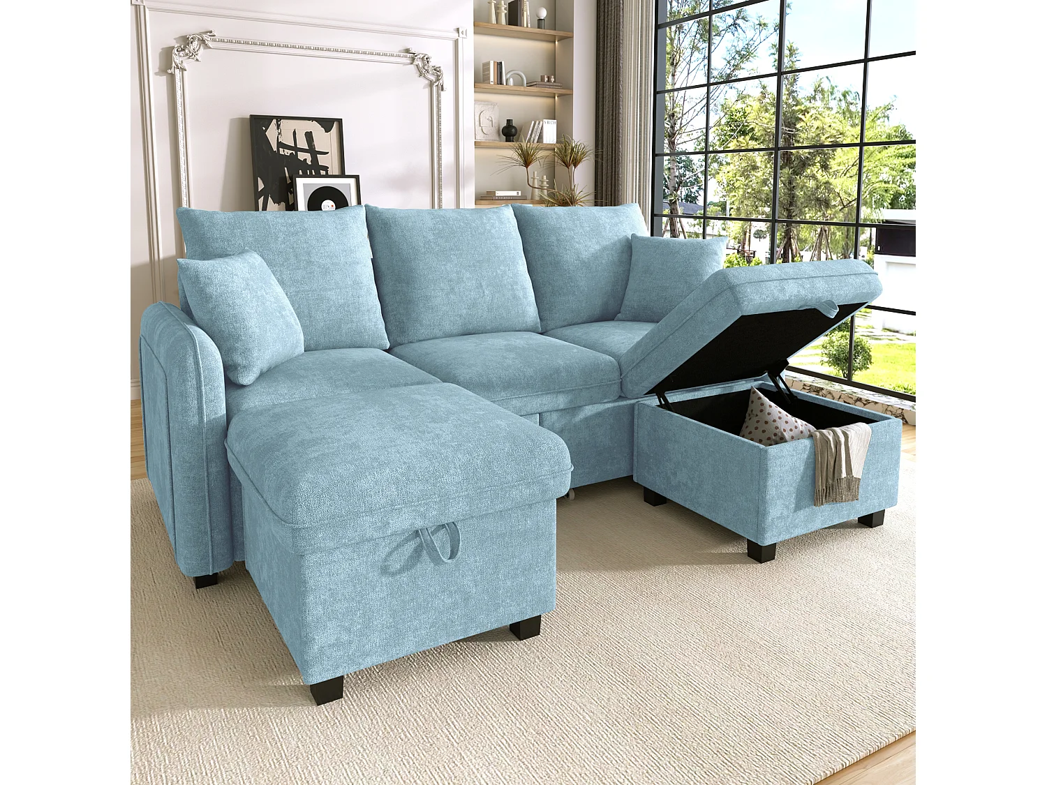 Modułowa sofa 3-osobowa z 2 pufami ze schowkiem i wbudowanymi koszami - tkanina Chenille - 188 x 186 x 86 cm - niebieska