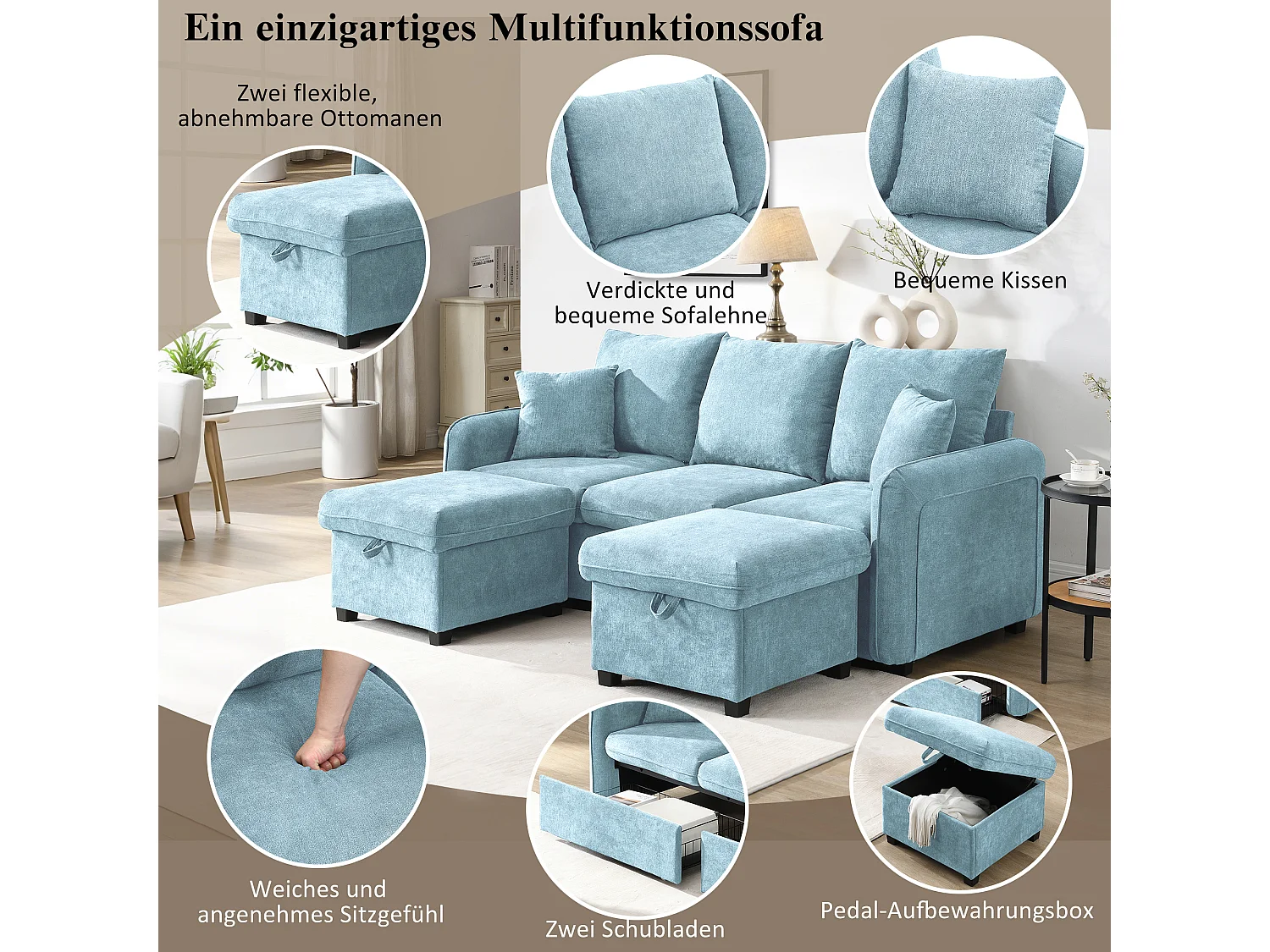 Modułowa sofa 3-osobowa z 2 pufami ze schowkiem i wbudowanymi koszami - tkanina Chenille - 188 x 186 x 86 cm - niebieska