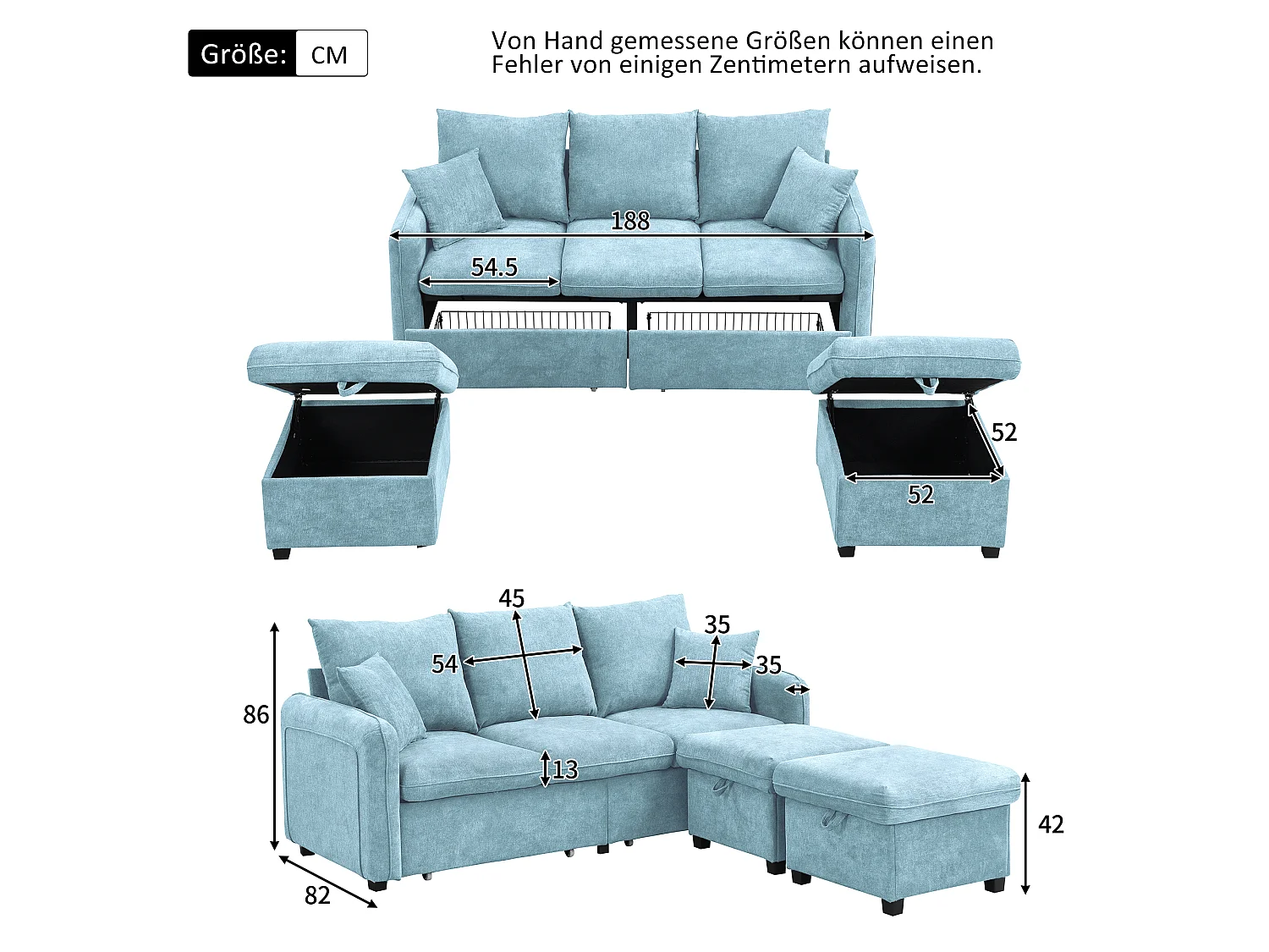 Modułowa sofa 3-osobowa z 2 pufami ze schowkiem i wbudowanymi koszami - tkanina Chenille - 188 x 186 x 86 cm - niebieska