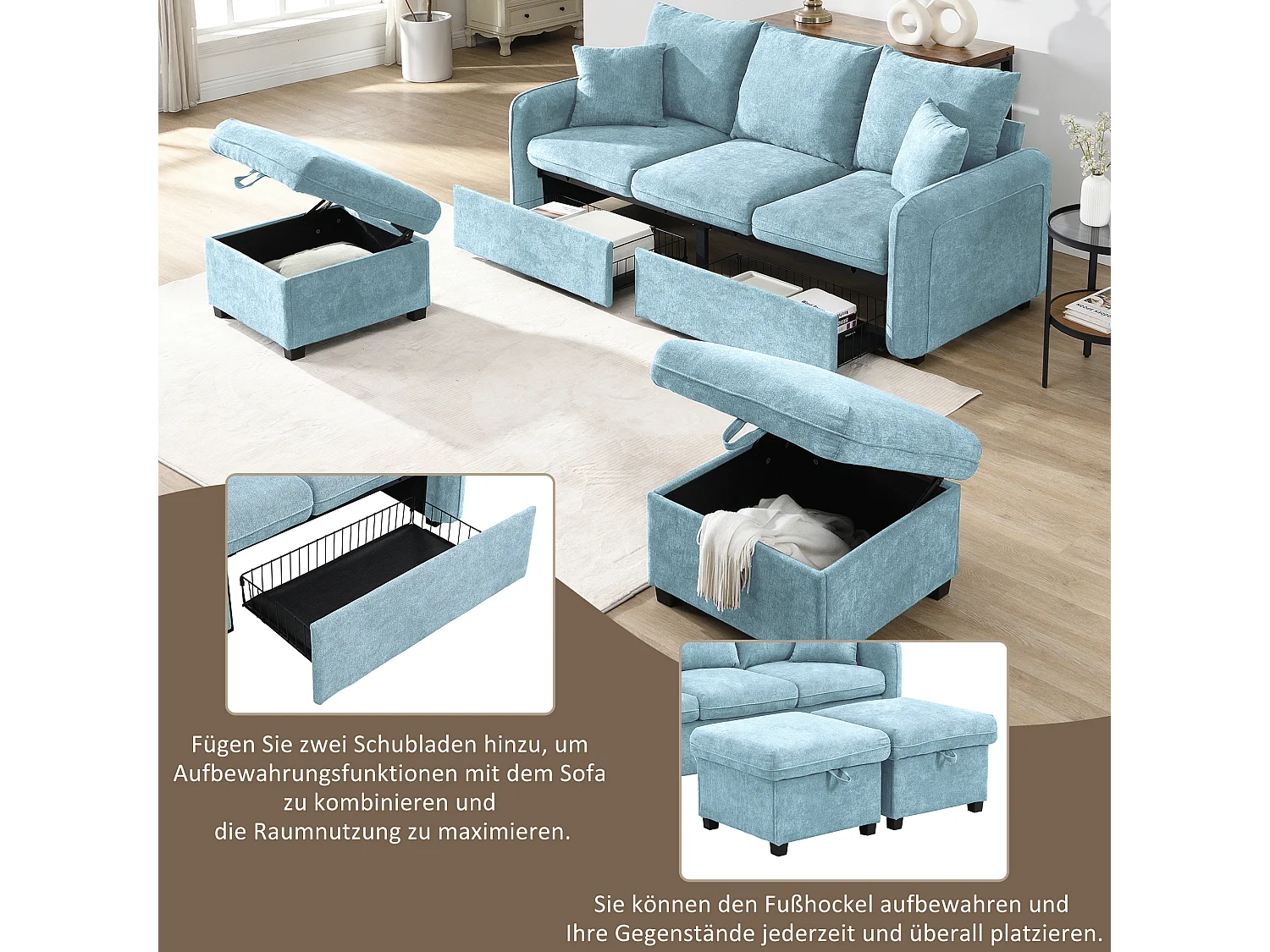 Modułowa sofa 3-osobowa z 2 pufami ze schowkiem i wbudowanymi koszami - tkanina Chenille - 188 x 186 x 86 cm - niebieska