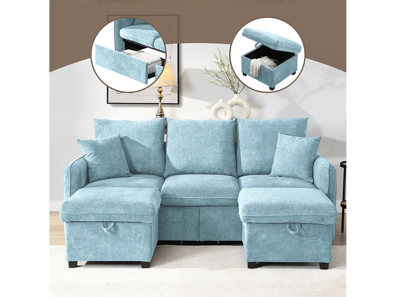 Modułowa sofa 3-osobowa z 2 pufami ze schowkiem i wbudowanymi koszami - tkanina Chenille - 188 x 186 x 86 cm - niebieska