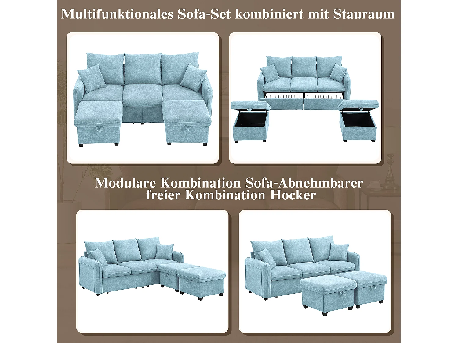 Modułowa sofa 3-osobowa z 2 pufami ze schowkiem i wbudowanymi koszami - tkanina Chenille - 188 x 186 x 86 cm - niebieska