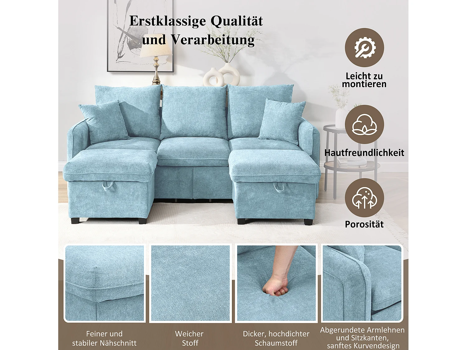 Modułowa sofa 3-osobowa z 2 pufami ze schowkiem i wbudowanymi koszami - tkanina Chenille - 188 x 186 x 86 cm - niebieska