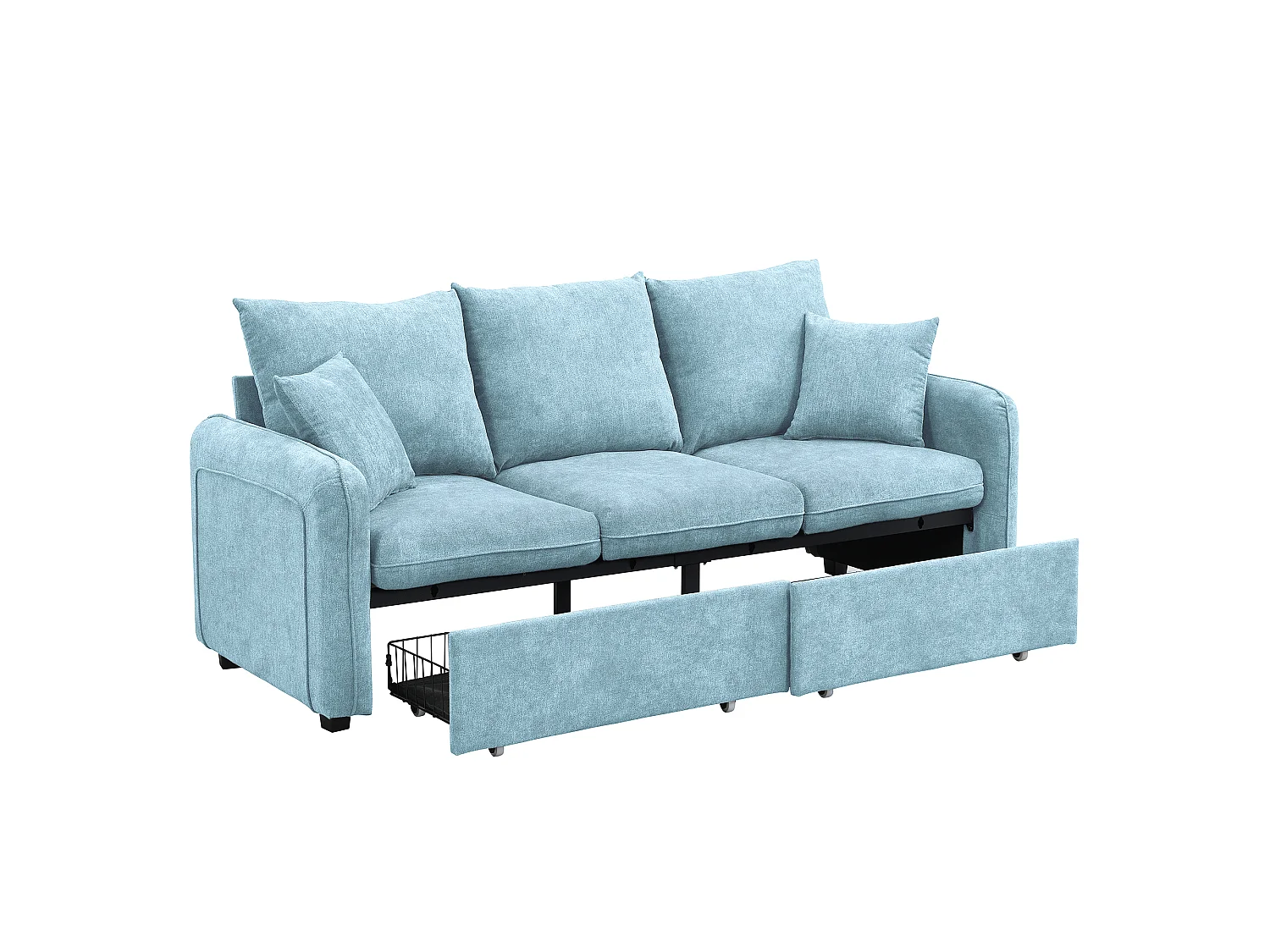 Modułowa sofa 3-osobowa z 2 pufami ze schowkiem i wbudowanymi koszami - tkanina Chenille - 188 x 186 x 86 cm - niebieska