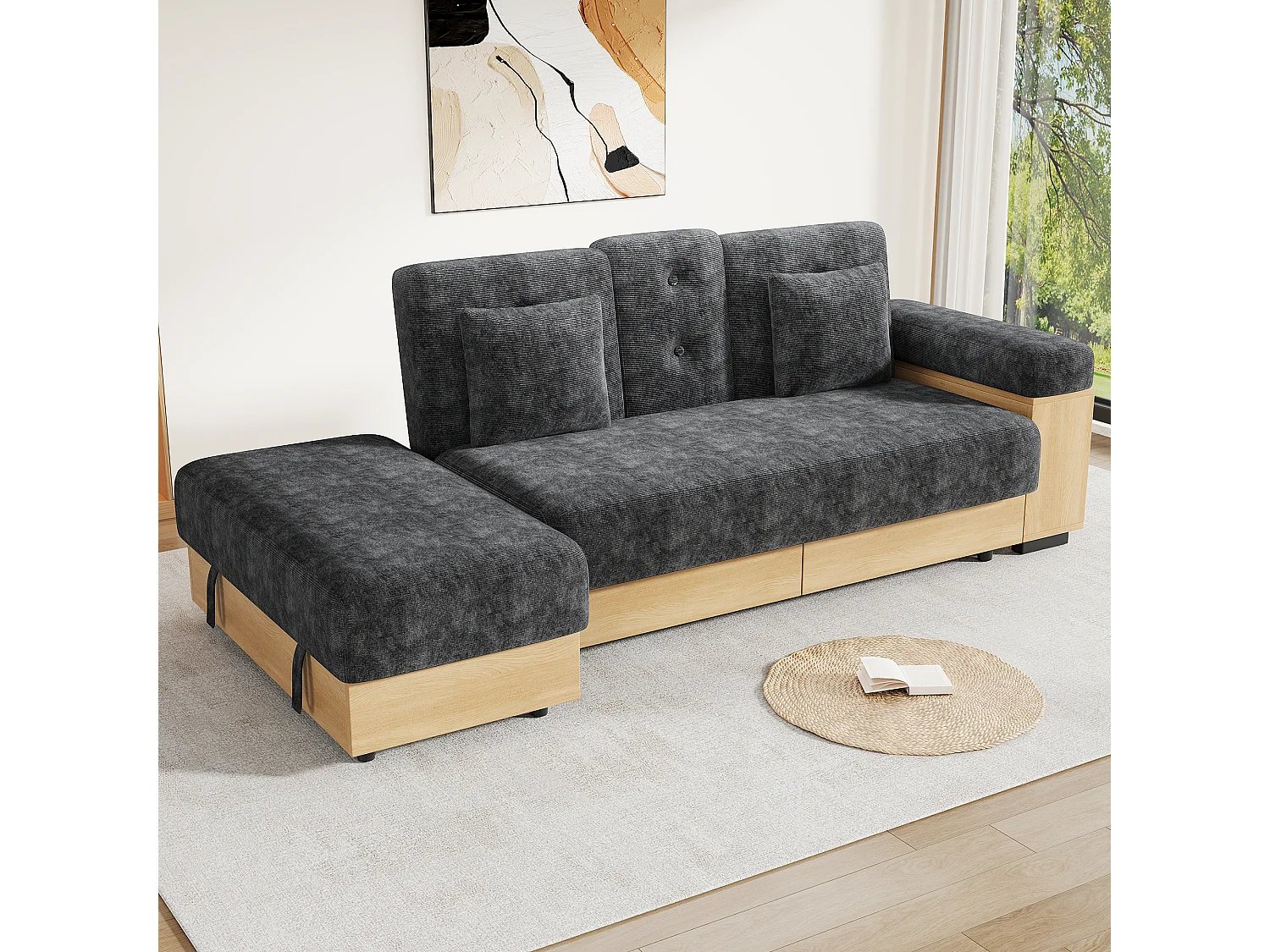 Canapé d'angle 3 places avec rangement, dossier réglable 3 positions, 2 tiroirs et porte-gobelet - Chenille + MDF - 217 x 110 x 90 cm - Gris