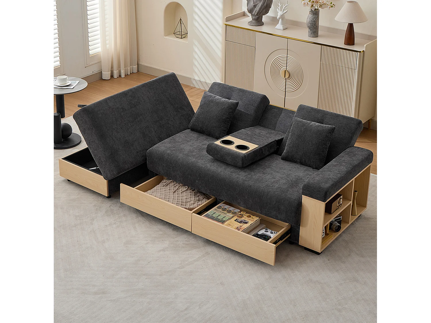 Canapé d'angle 3 places avec rangement, dossier réglable 3 positions, 2 tiroirs et porte-gobelet - Chenille + MDF - 217 x 110 x 90 cm - Gris