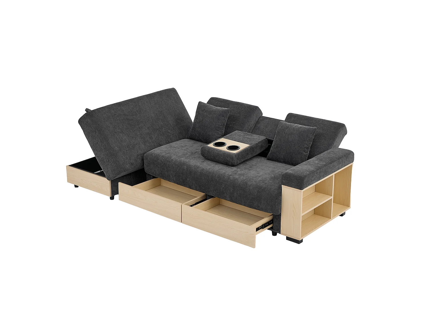 Canapé d'angle 3 places avec rangement, dossier réglable 3 positions, 2 tiroirs et porte-gobelet - Chenille + MDF - 217 x 110 x 90 cm - Gris