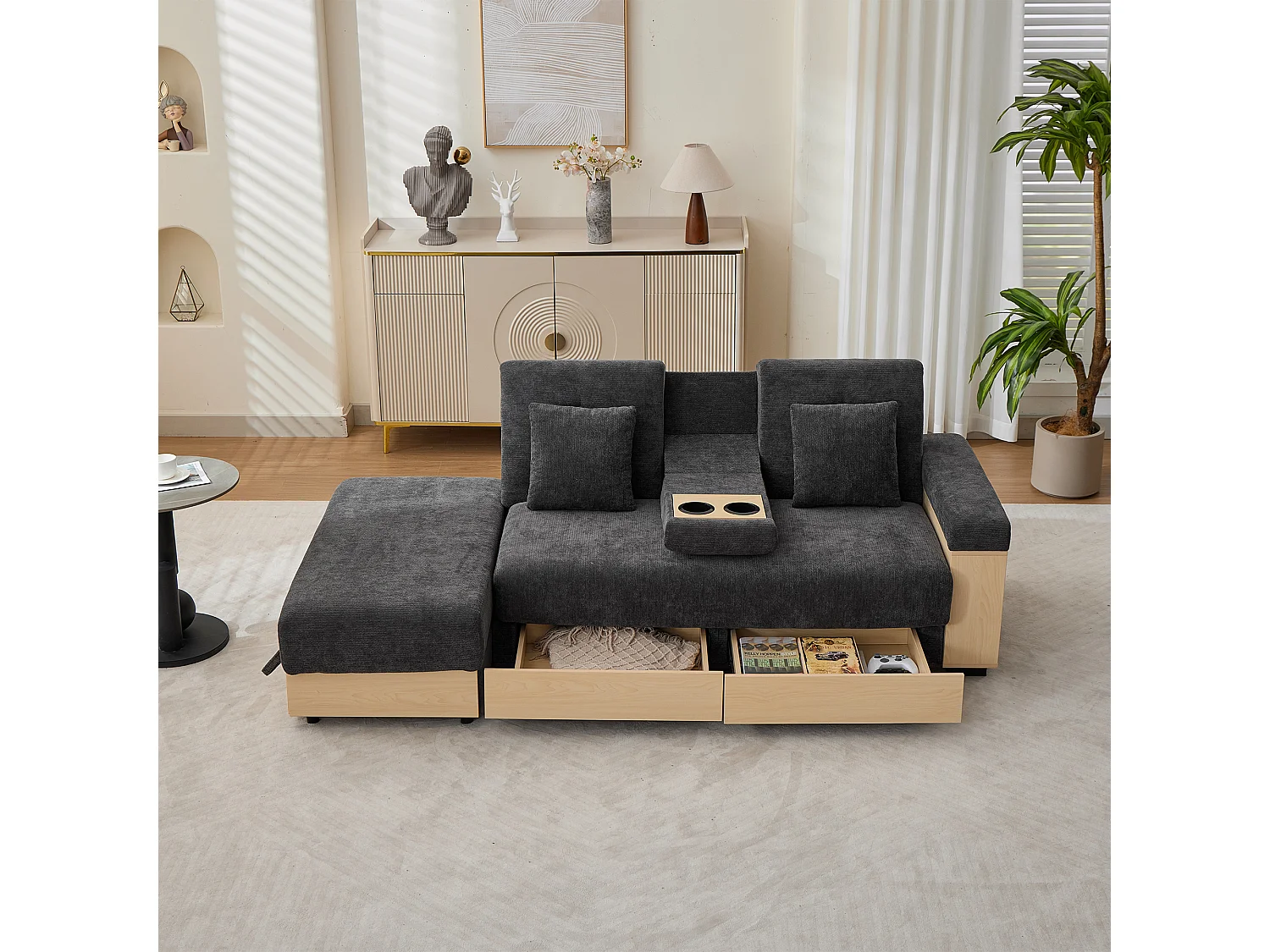 Canapé d'angle 3 places avec rangement, dossier réglable 3 positions, 2 tiroirs et porte-gobelet - Chenille + MDF - 217 x 110 x 90 cm - Gris