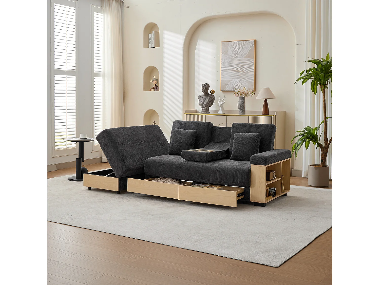 Canapé d'angle 3 places avec rangement, dossier réglable 3 positions, 2 tiroirs et porte-gobelet - Chenille + MDF - 217 x 110 x 90 cm - Gris