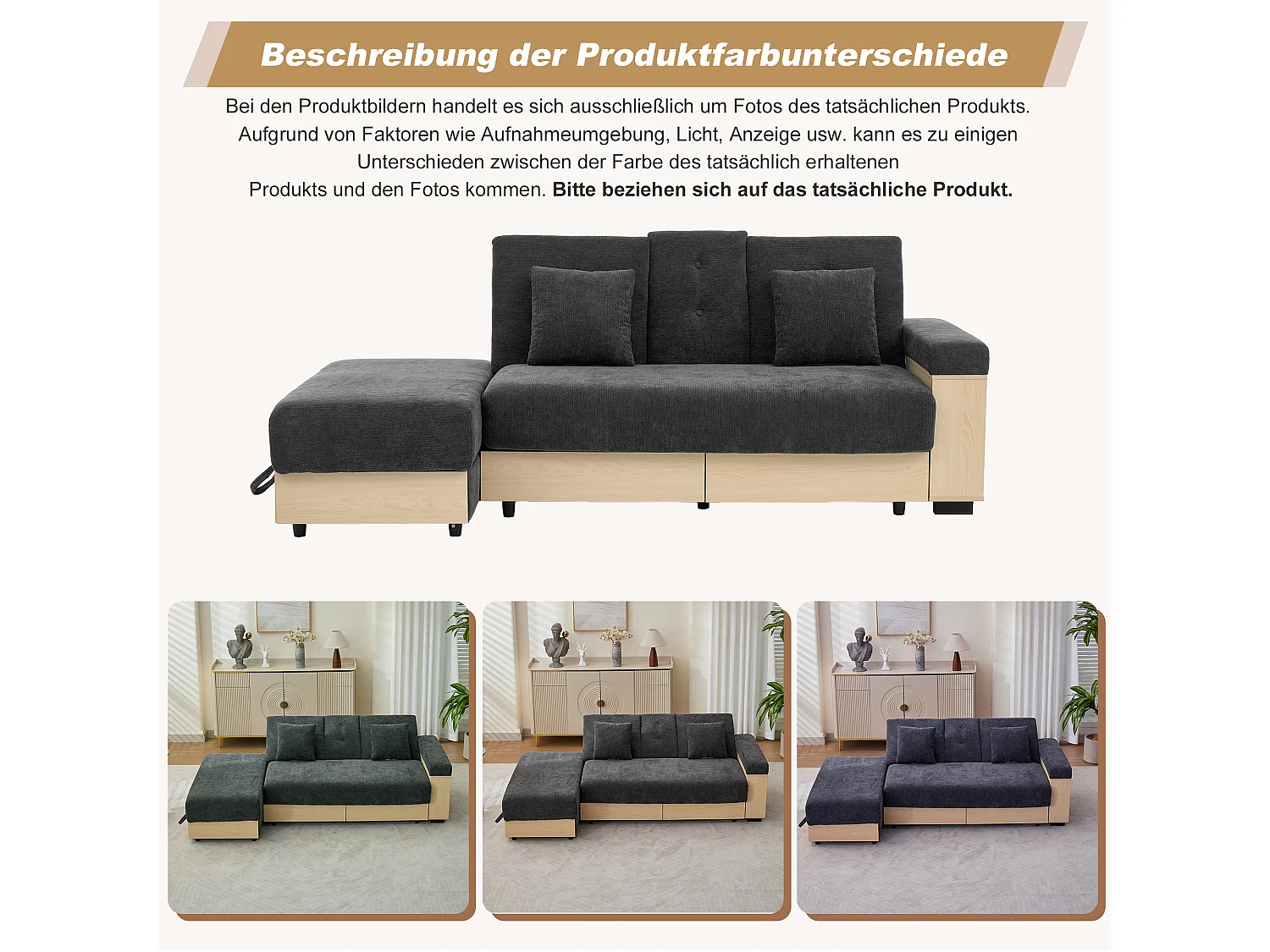 Canapé d'angle 3 places avec rangement, dossier réglable 3 positions, 2 tiroirs et porte-gobelet - Chenille + MDF - 217 x 110 x 90 cm - Gris